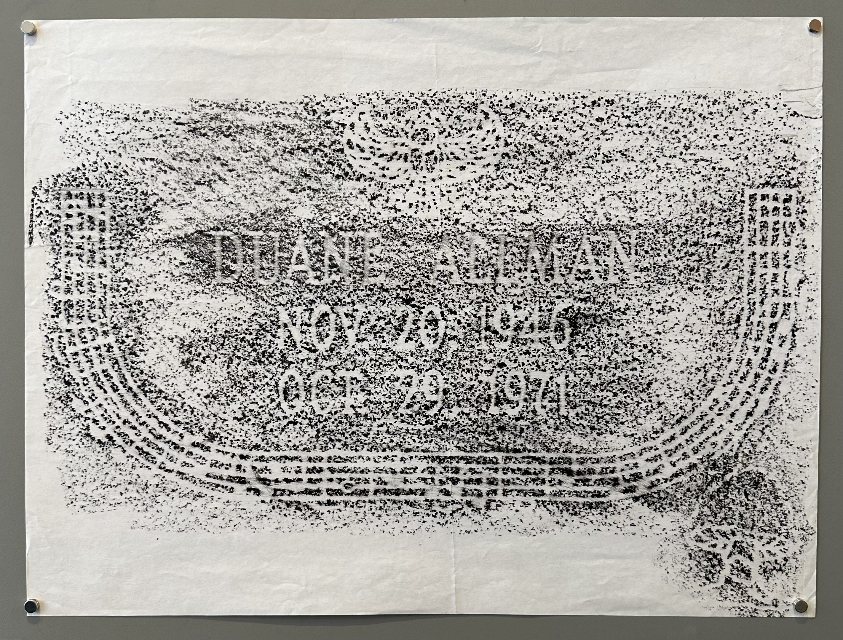 A monochrome image resembling a grave rubbing or charcoal impression of a tombstone, featuring the name "DUANE ALLMAN" and the dates "NOV 20 1946" and "OCT 29 1971".