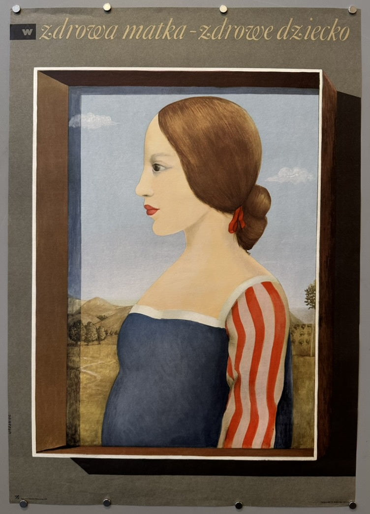 The poster itself appears to be a modern reproduction or promotional material featuring this historical artwork, likely created much later than the original painting's creation date. The text "zdrowa matka - zdrowe dziecko" (healthy mother - healthy child) suggests a public health or educational context for the poster's creation.