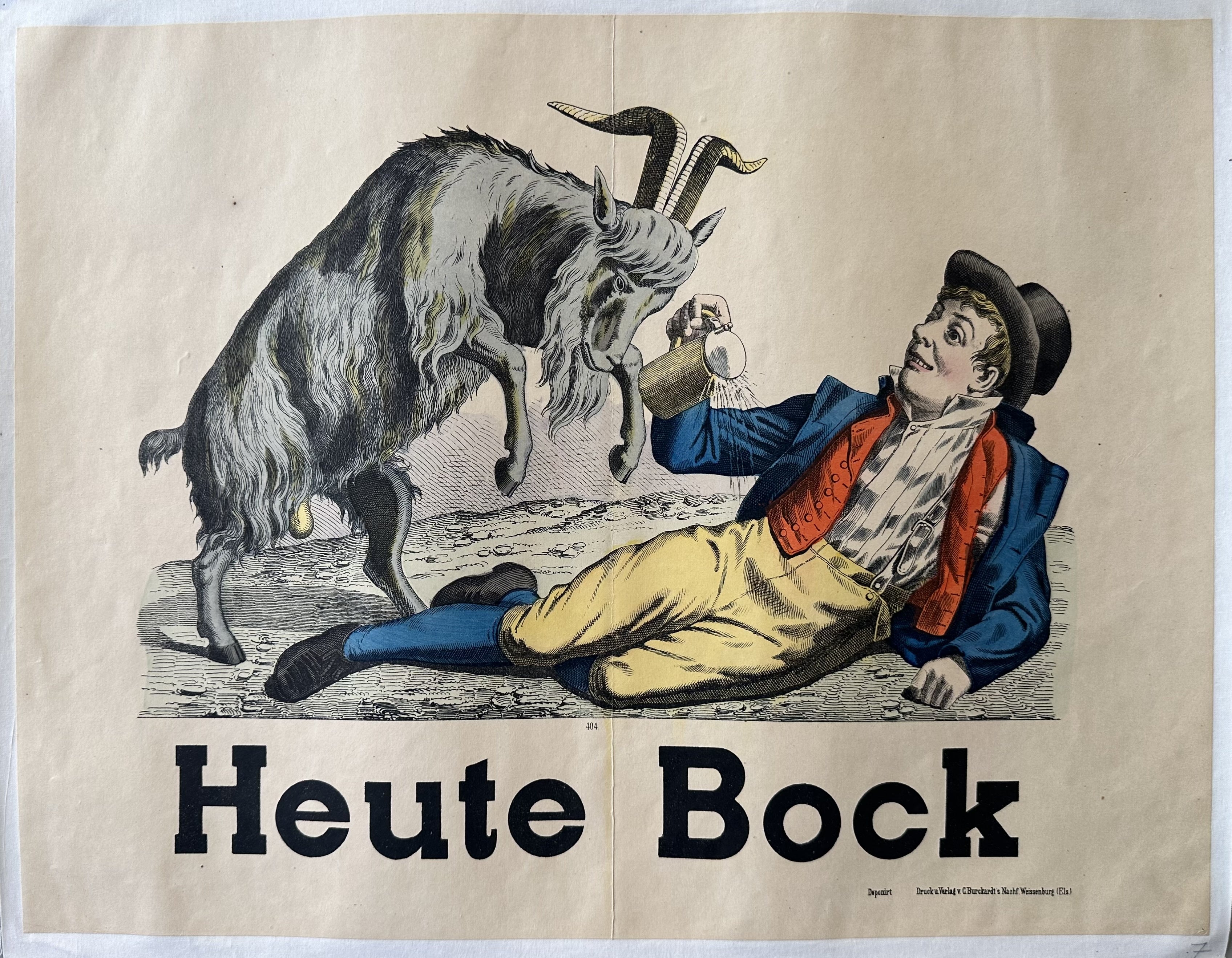 A man lays on the ground while a goat prepares to ram in this Bock-Bier advertisement.