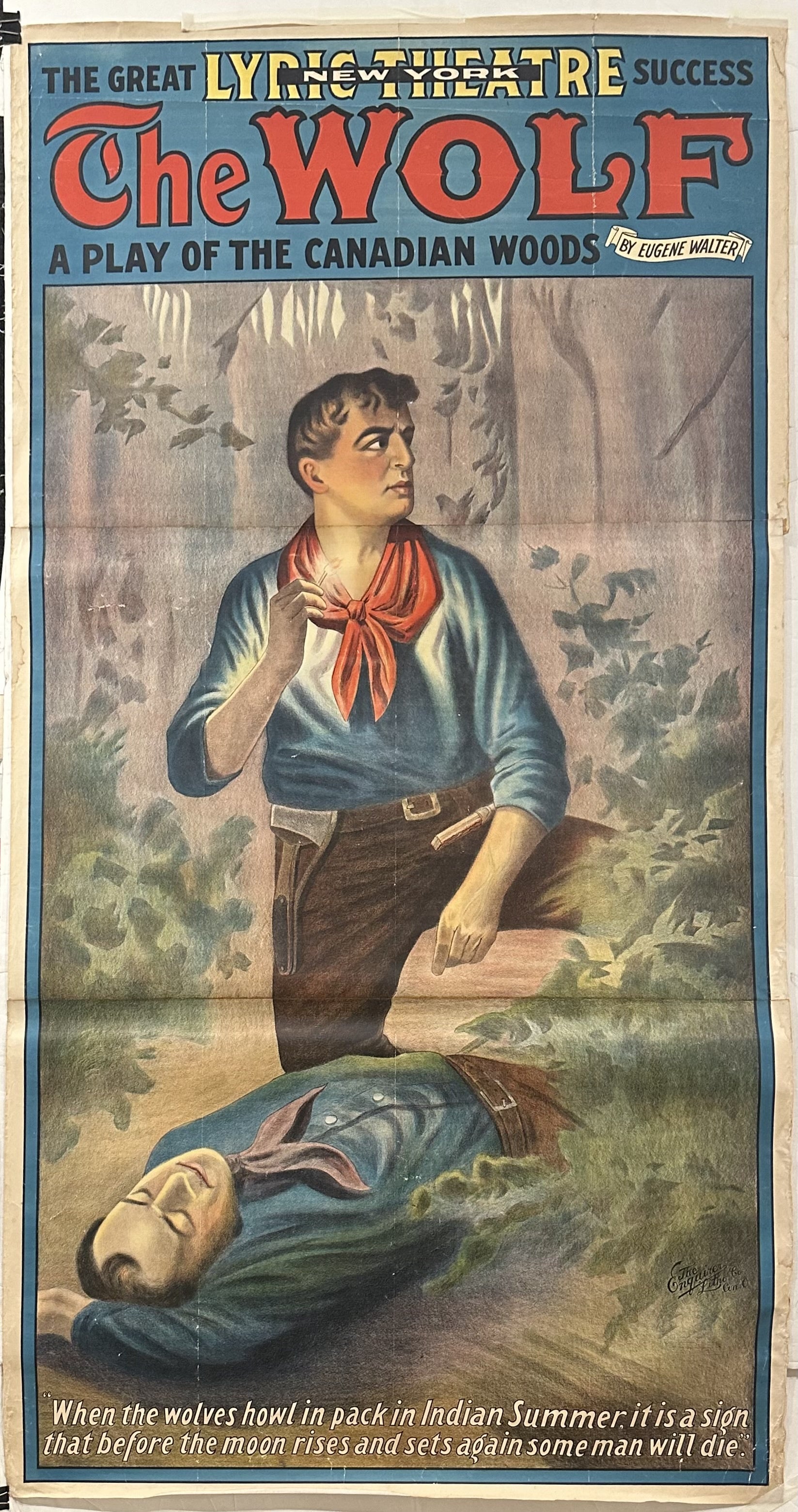 A man with an axe kneels over another dead man in this theatrical production poster.
