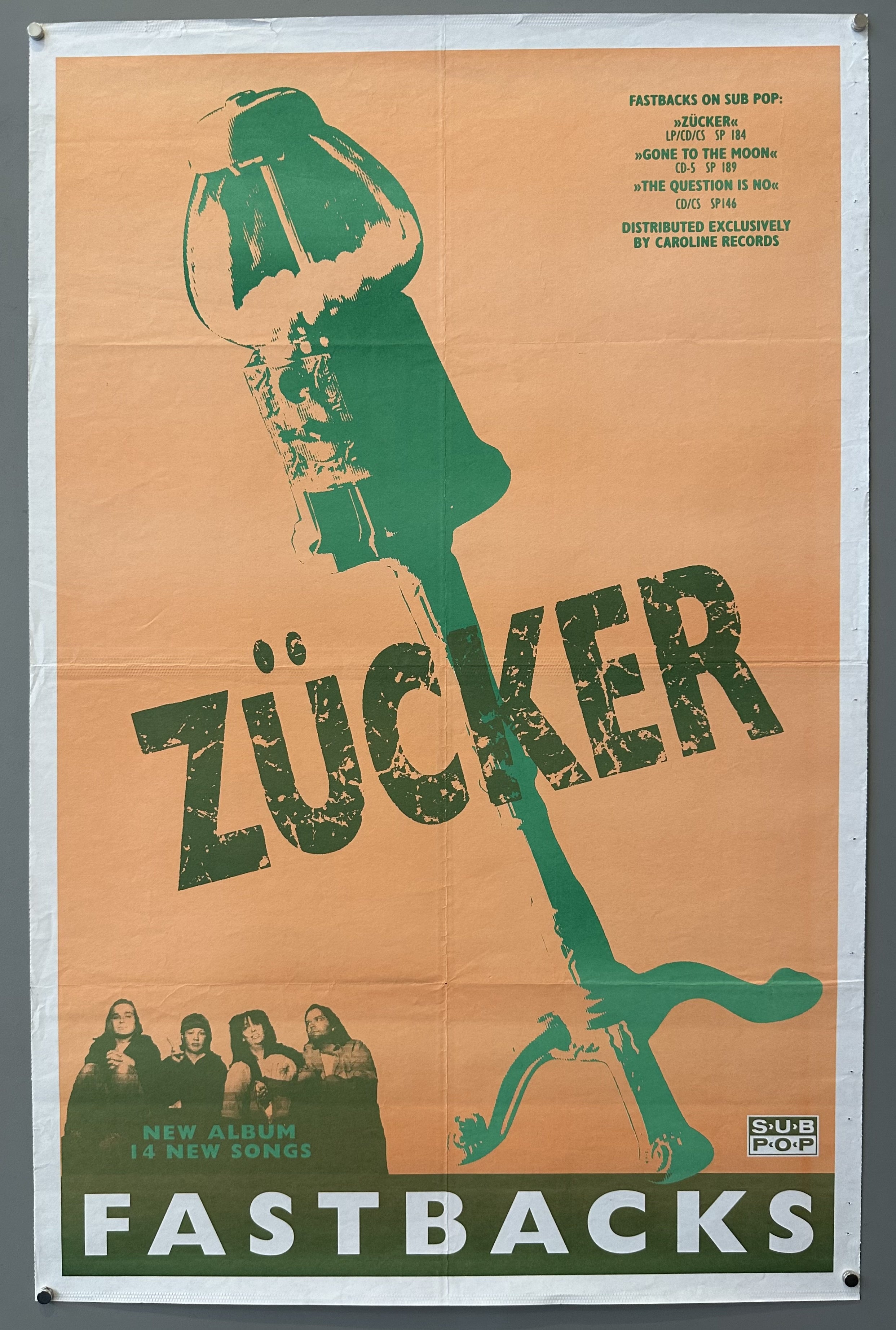 Gumball machine outlined in green against orange background to promote Fastbacks' new album.