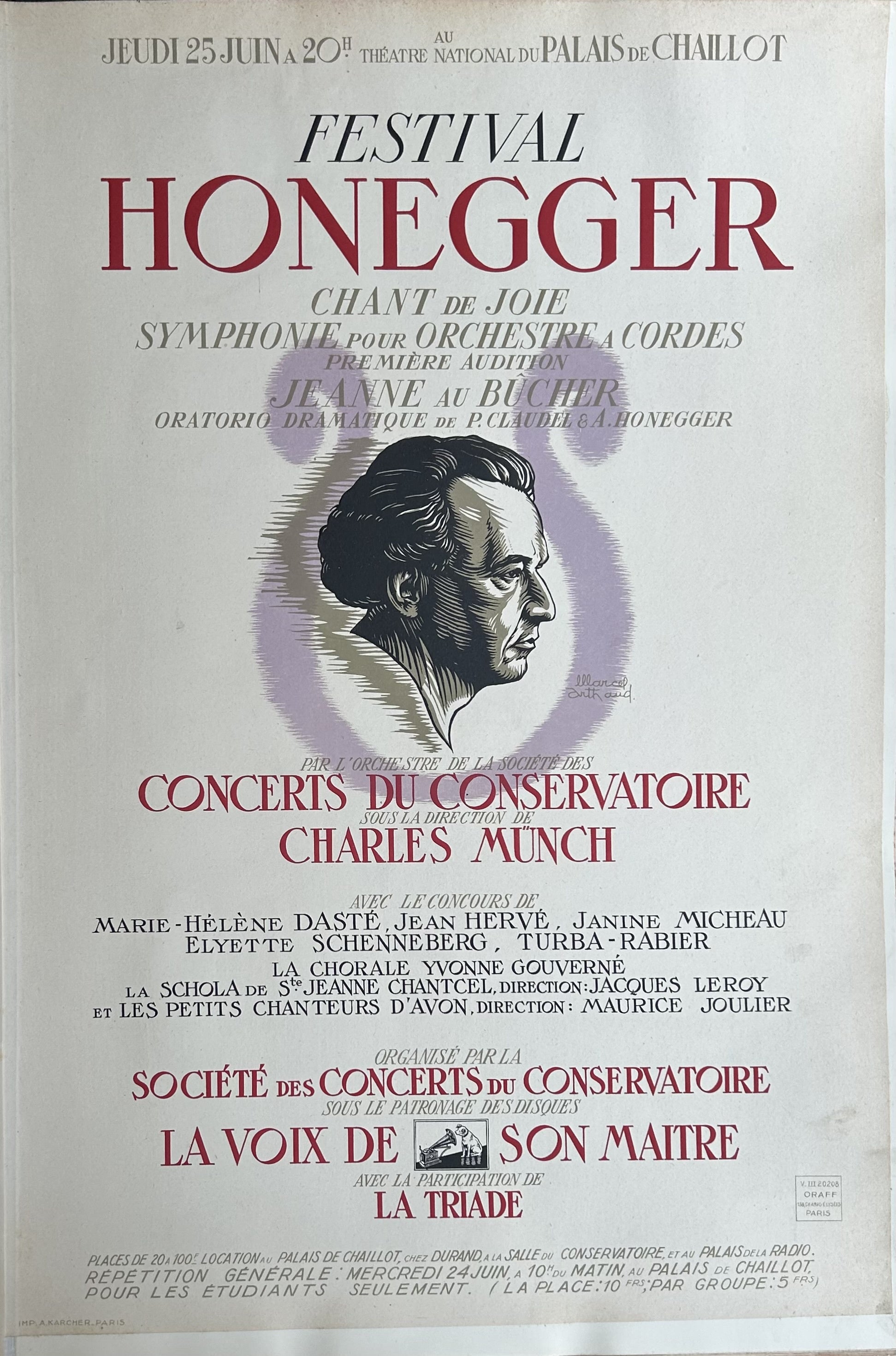 Arthur Honegger festival with red accent text, a purple illustration, and a black and white side profile portrait of the composer in the center of the poster.