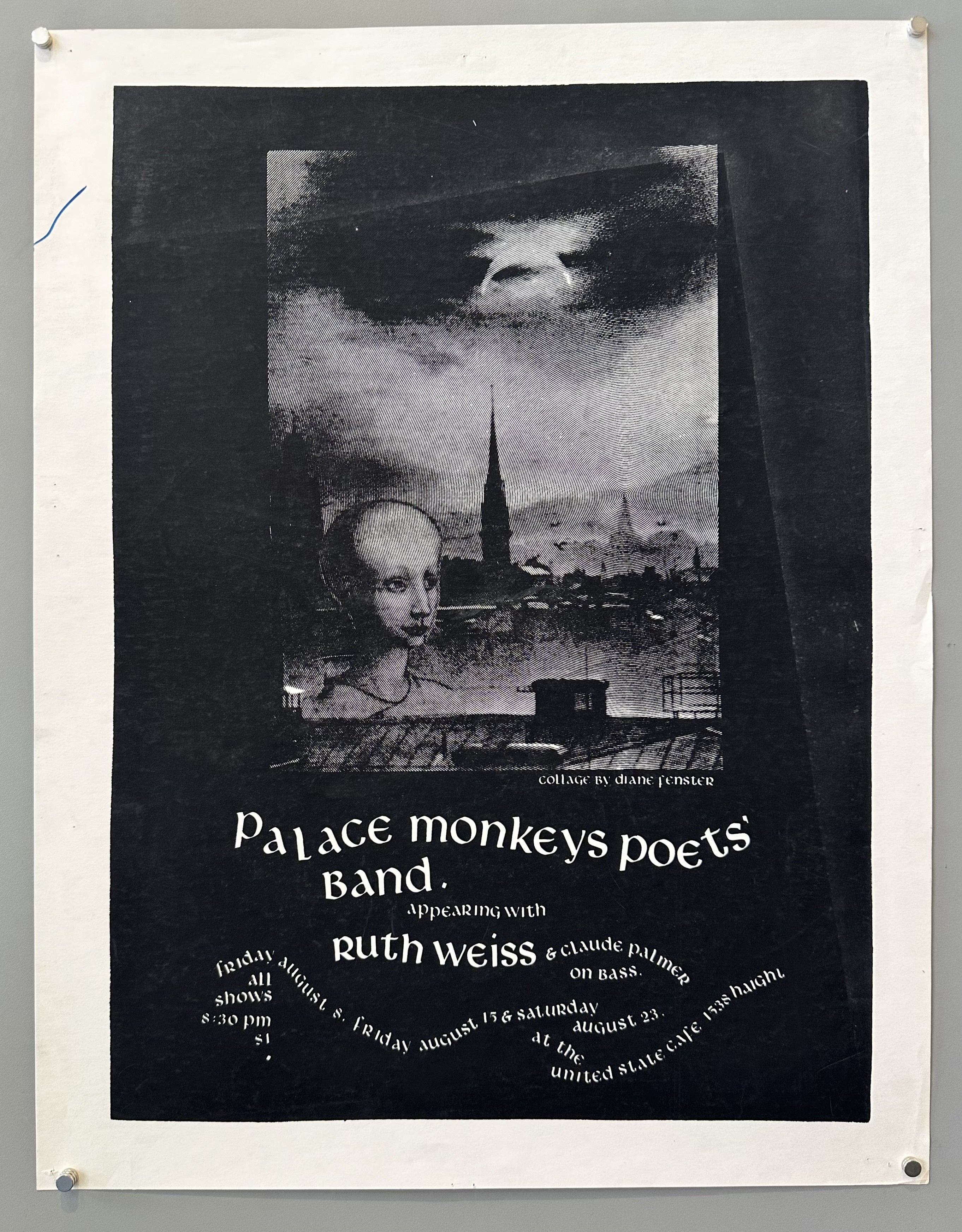 Palace Monkeys Poets' Band event poster from 1975 featuring a black and white collage by Diane Fenster.