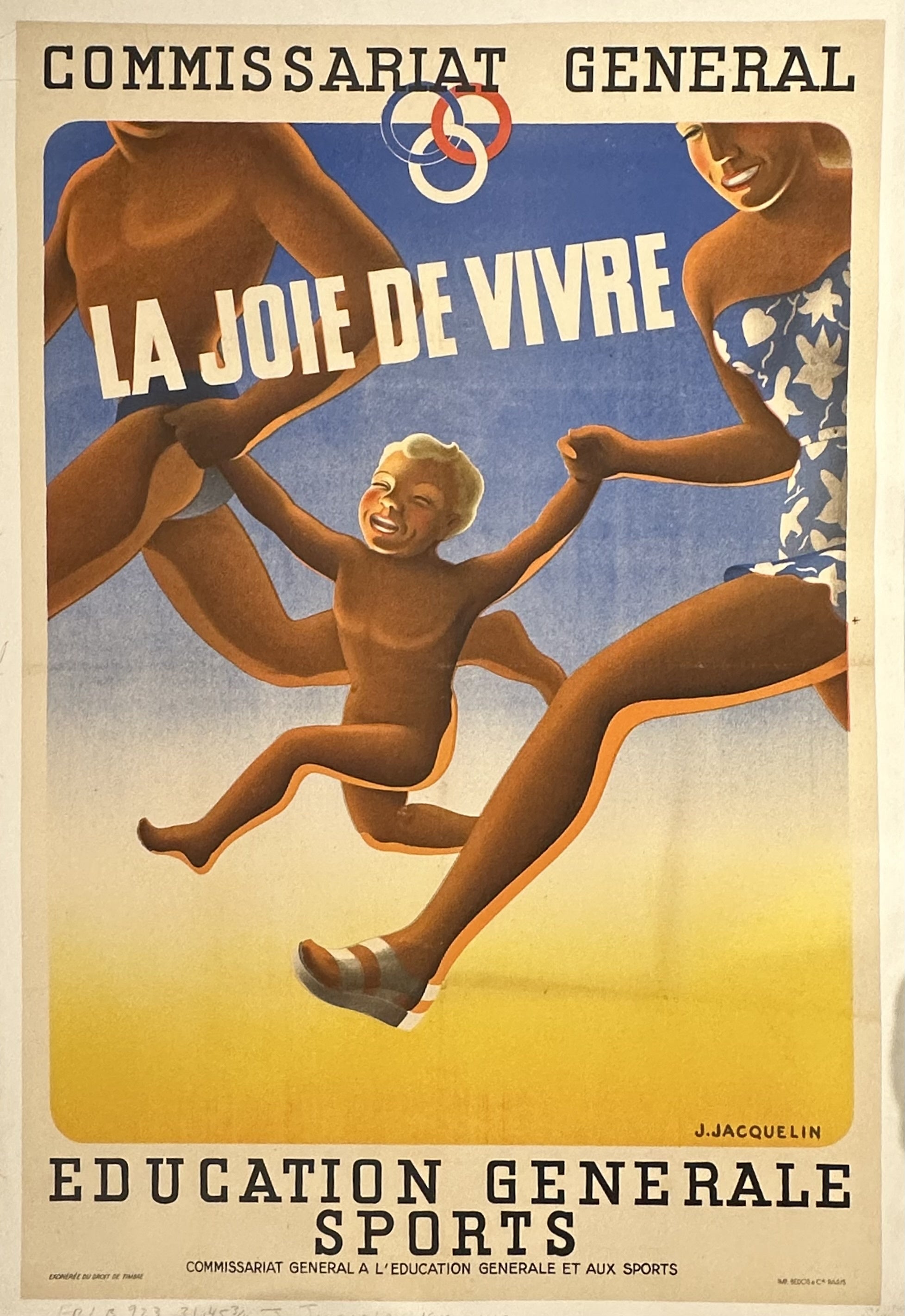 A family of three runs on the beach with black text above and below promoting physical edcuation from the French government.