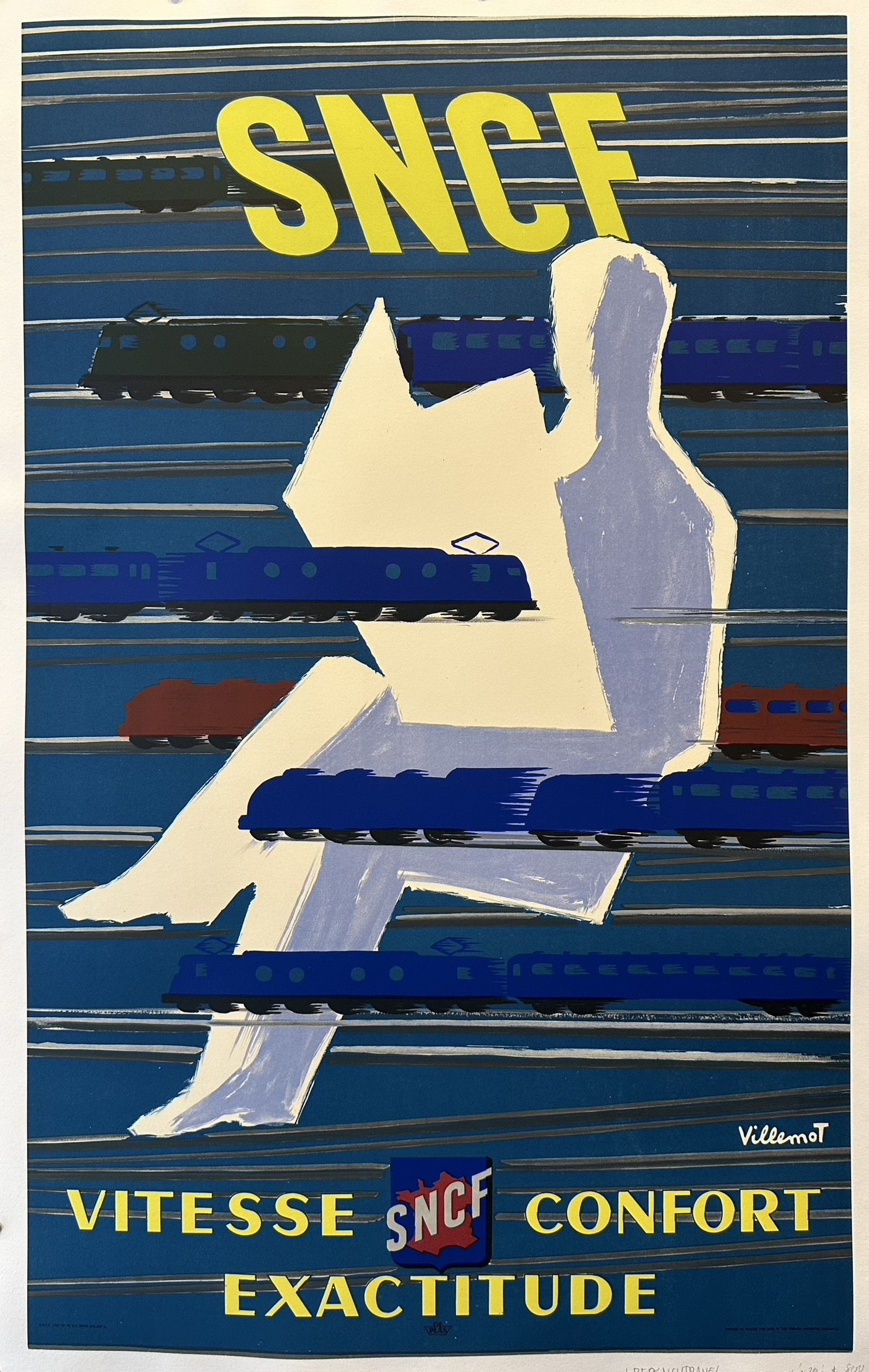 A vintage French railway poster by Bernard Villemot for SNCF (Société Nationale des Chemins de fer Français). The poster features a stylized, light-colored silhouette of a person sitting and reading a newspaper or book, with multiple dark blue and red train cars speeding past horizontally on a blue background, creating a sense of motion.