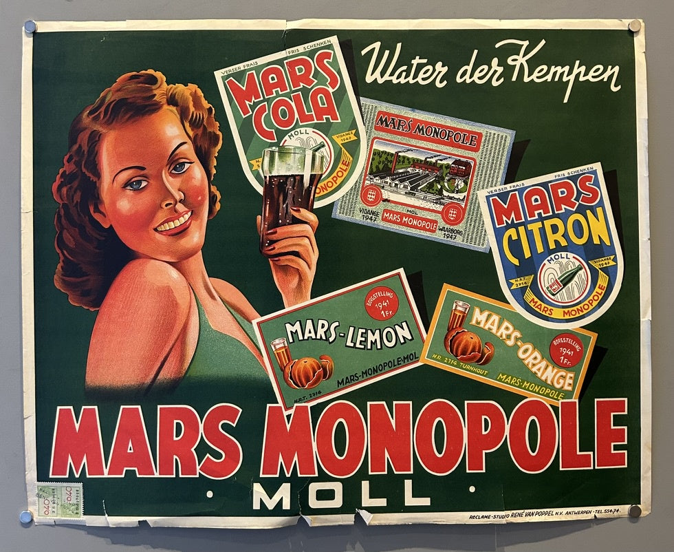 Smiling woman holding a glass of Mars Cola, surrounded by smaller images of Mars Lemon, Mars Orange, and Mars Citron