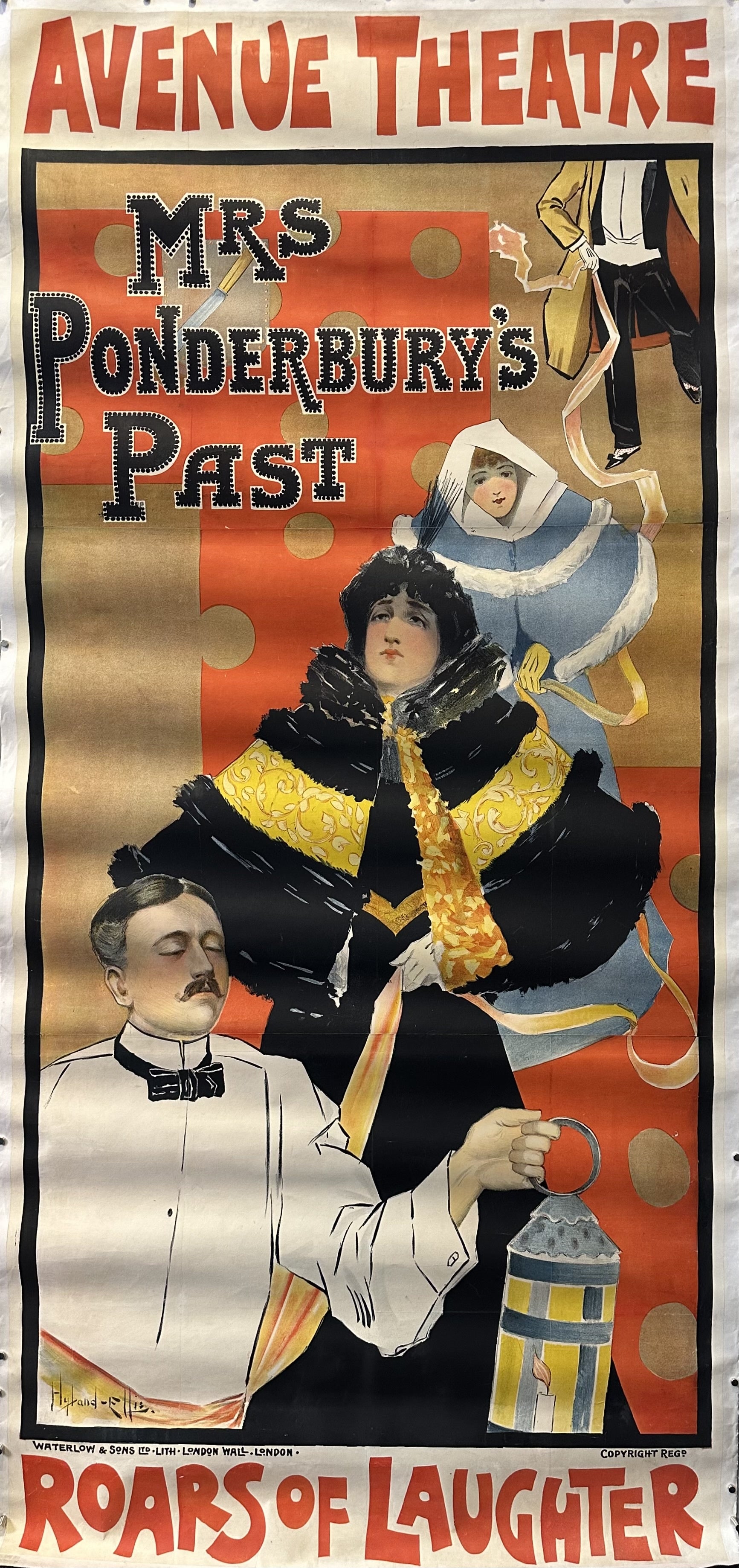 Large narrow poster for Broadway show featuring actors as their characters against polka-dot red/gold background.