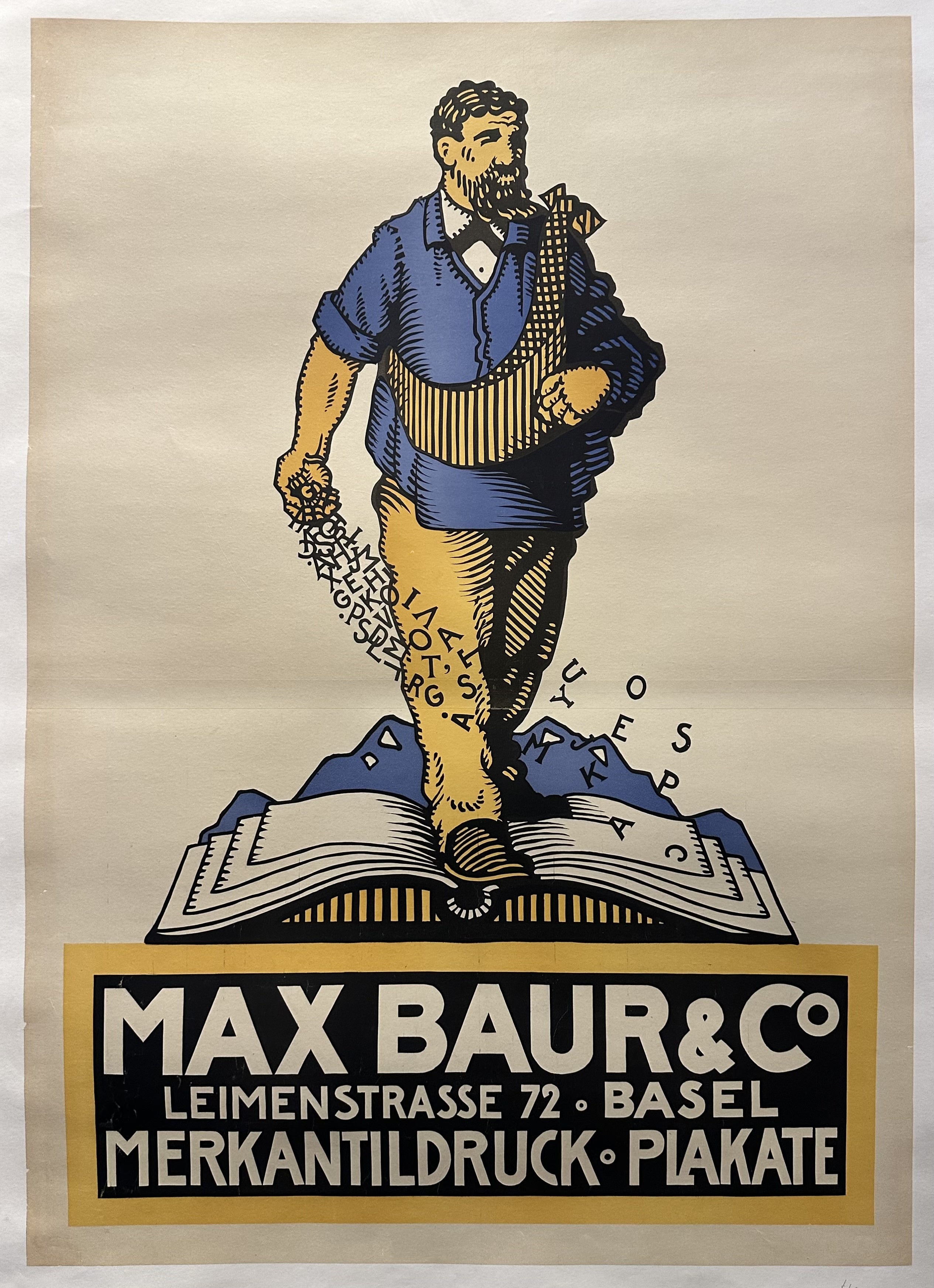 Illustrated man sprinkles letters onto a blank book page to promote Swiss printing press.