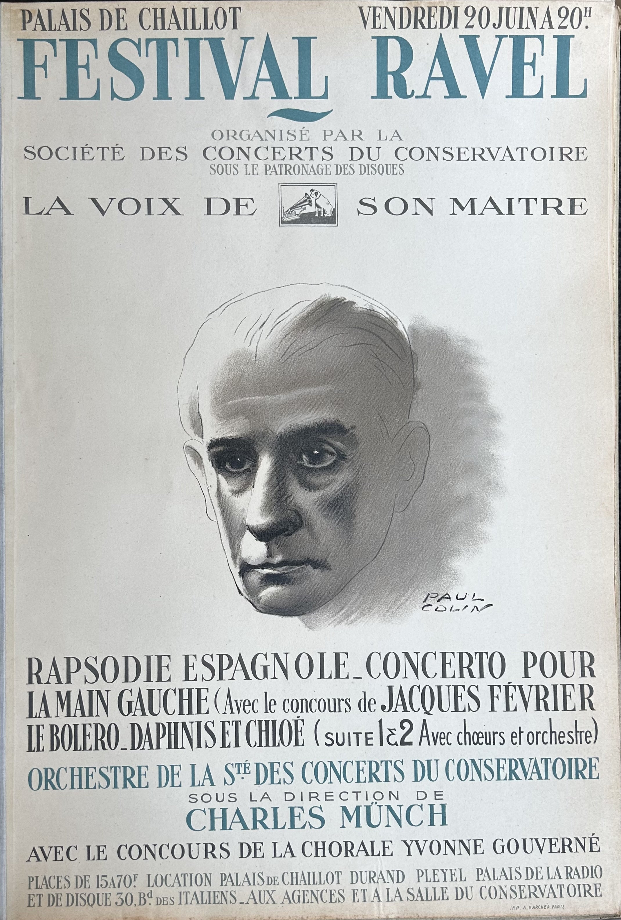 Black and white music poster promoting a Ravel festival with performances and a portrait of the composer in the center.
