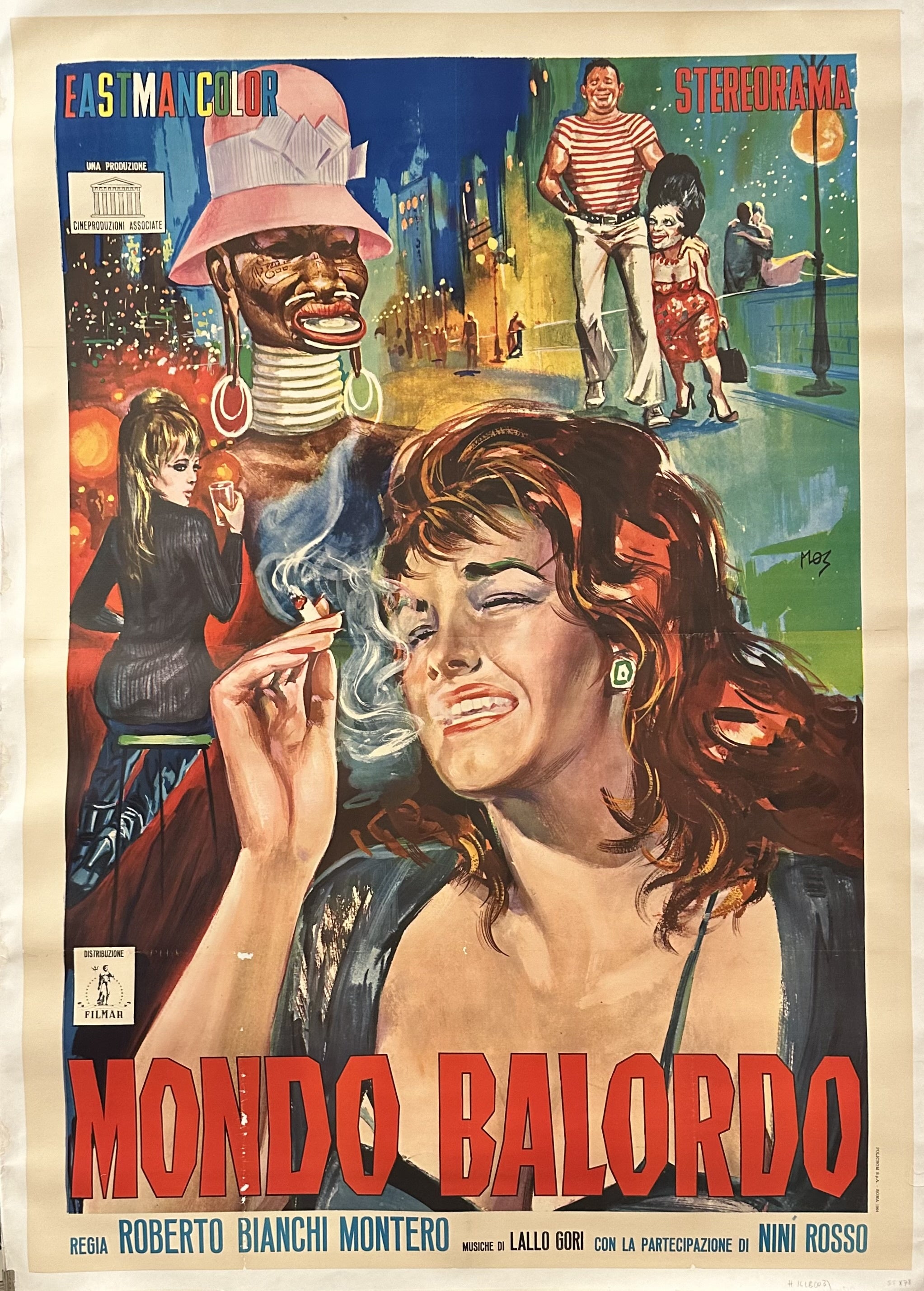 A woman cries while smoking a cigarette with other various characters behind her and 'Mondo Balordo' written in red text underneath the scenes.
