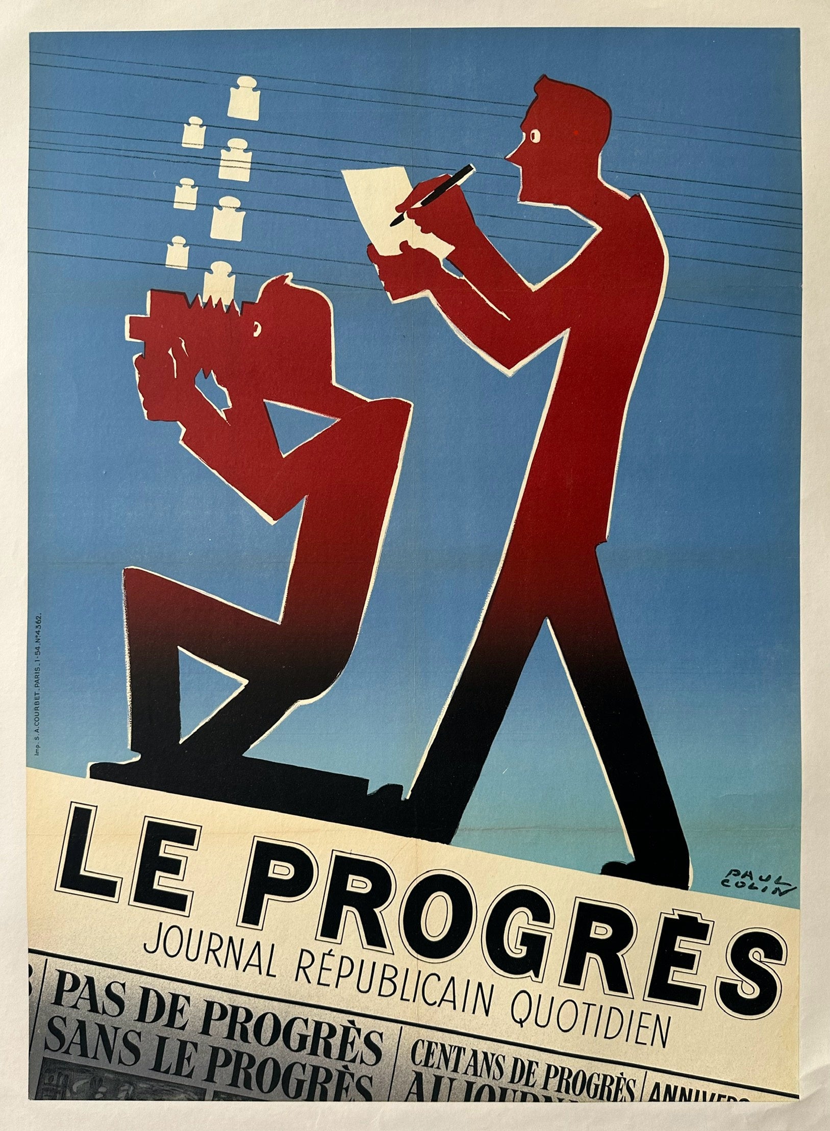 Two red shaded figures take notes and use a camera in this advertisement for 'Le Progrès'.