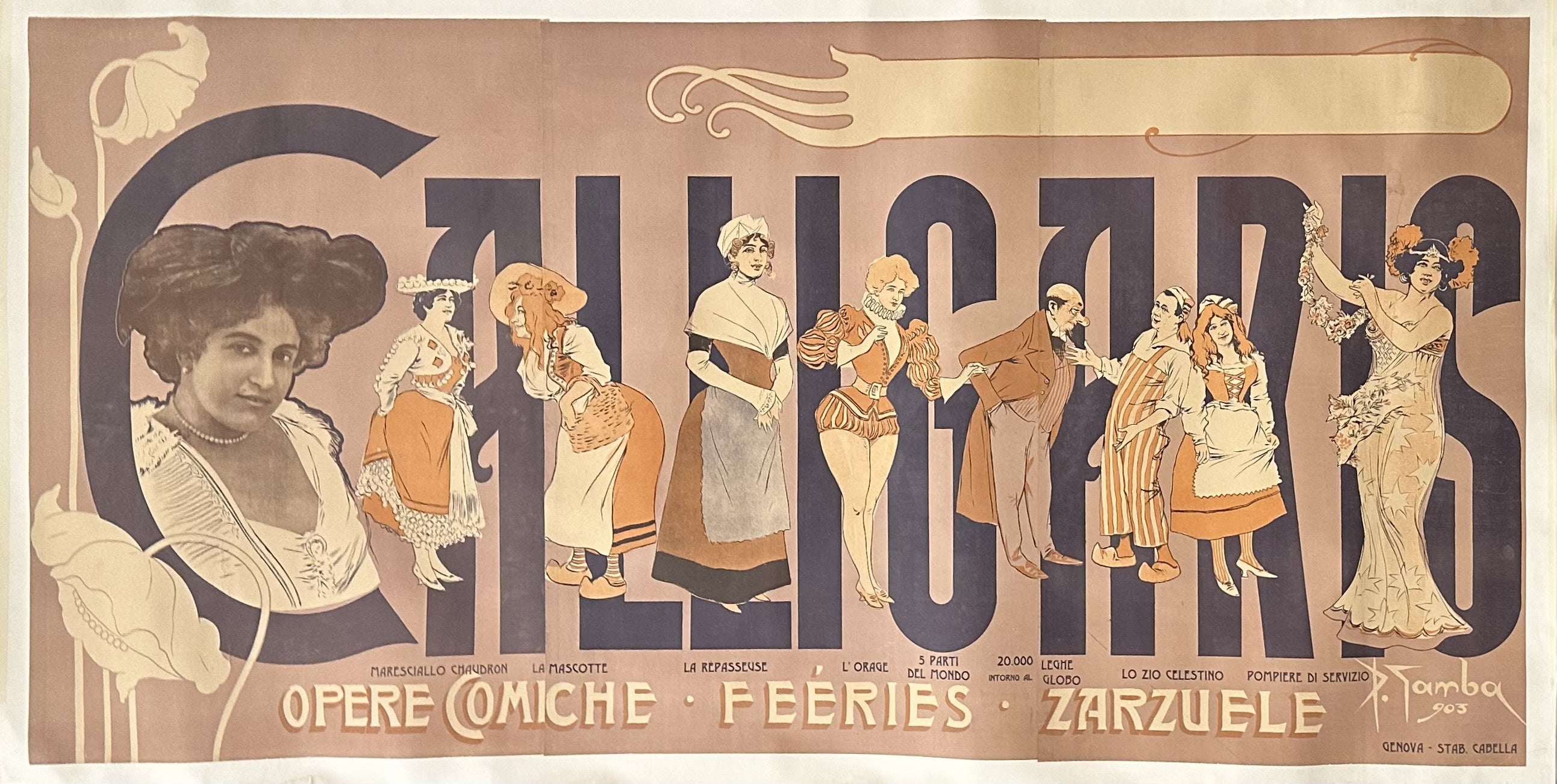 A vintage poster advertising a variety show featuring opera, comedy, and zarzuelas (a Spanish musical theatre genre). The poster is colorful and features illustrations of performers in costumes.
