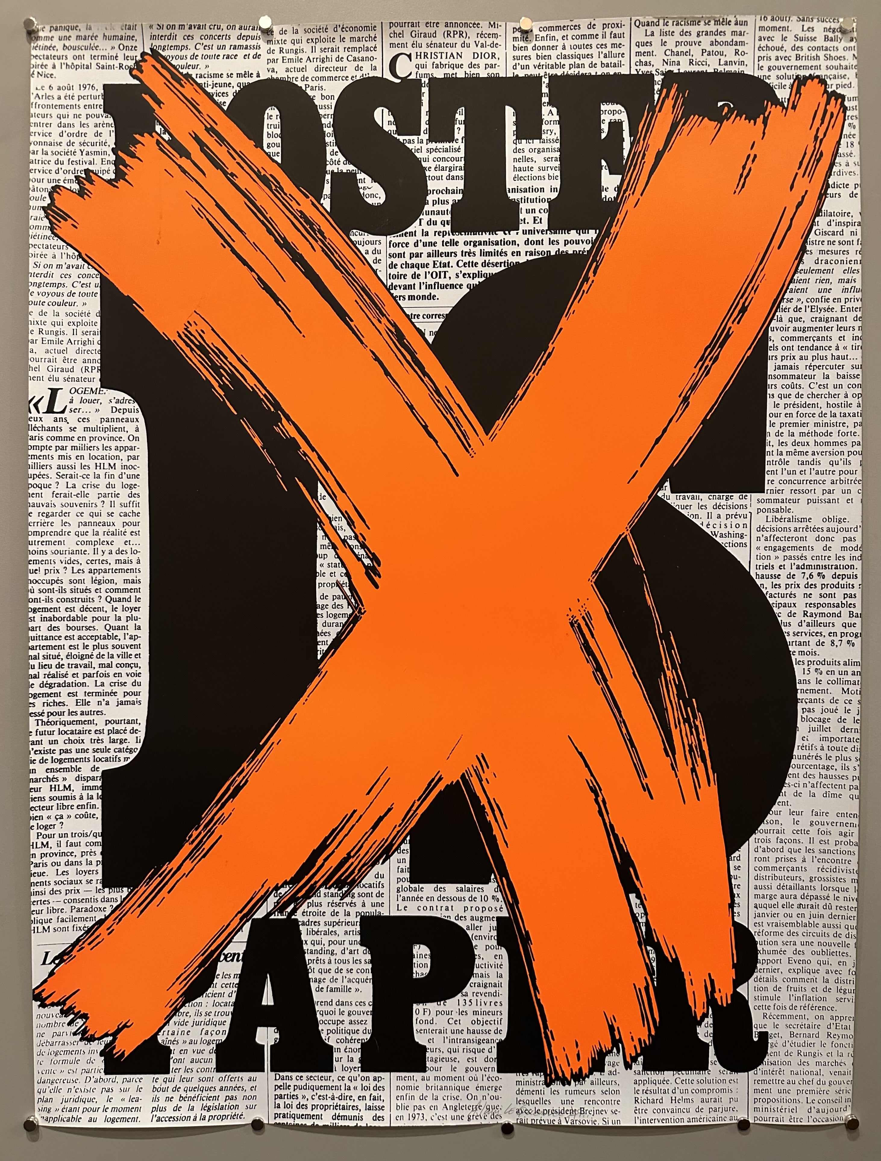 Newspaper print background with 'Poster is Paper' in black text written over it with a large orange x over top.