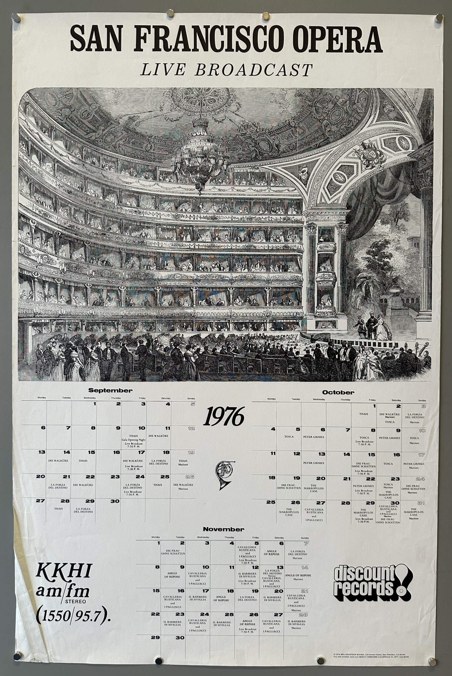 "SAN FRANCISCO OPERA LIVE BROADCAST" for September, October, and November of 1976. The upper half of the poster features an intricate, detailed illustration of an opera house interior, filled with an audience.