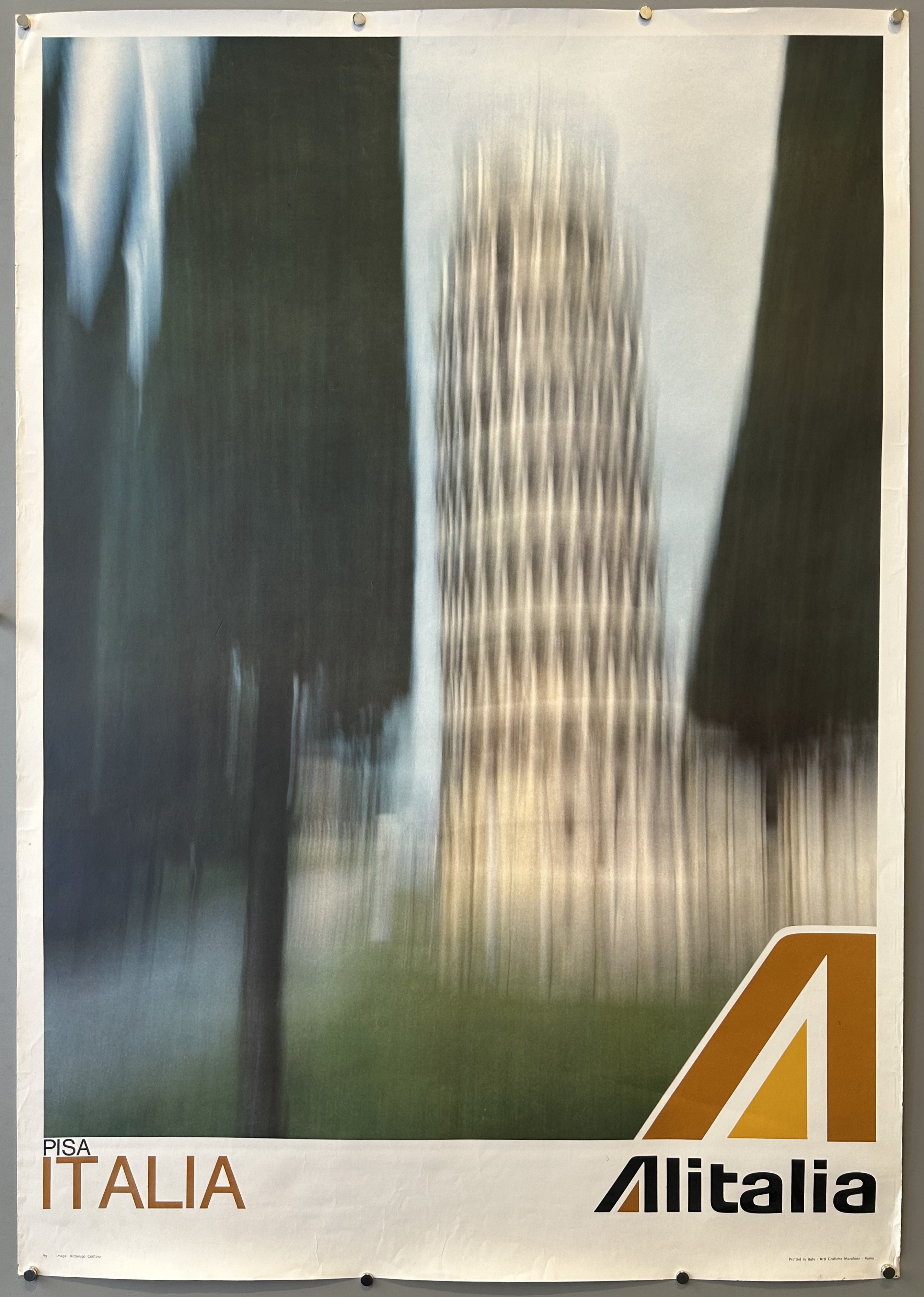 This Alitalia travel poster depicting Pisa, Italy, is from the 1960s. While the exact year isn't specified on this particular poster, similar Alitalia travel posters from the same era, like those for Florence or Milan, are often dated around 1961 or within the 1960s.