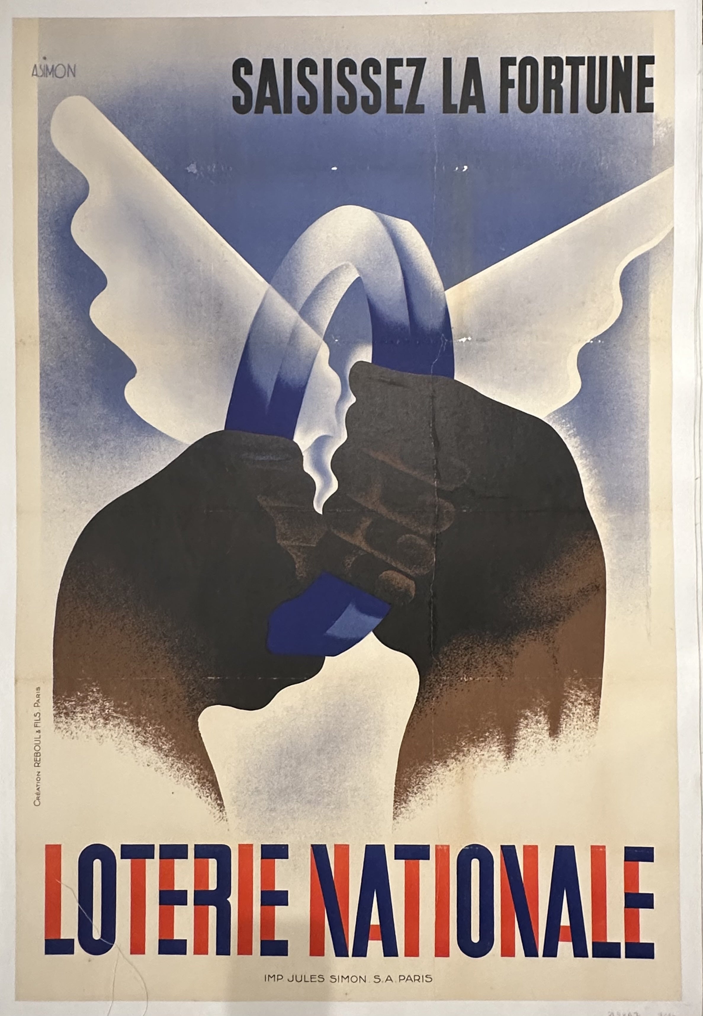 Blue and red text for 'Loterie Nationale' along bottom with hands holding a halo with wings behind it against blue background.