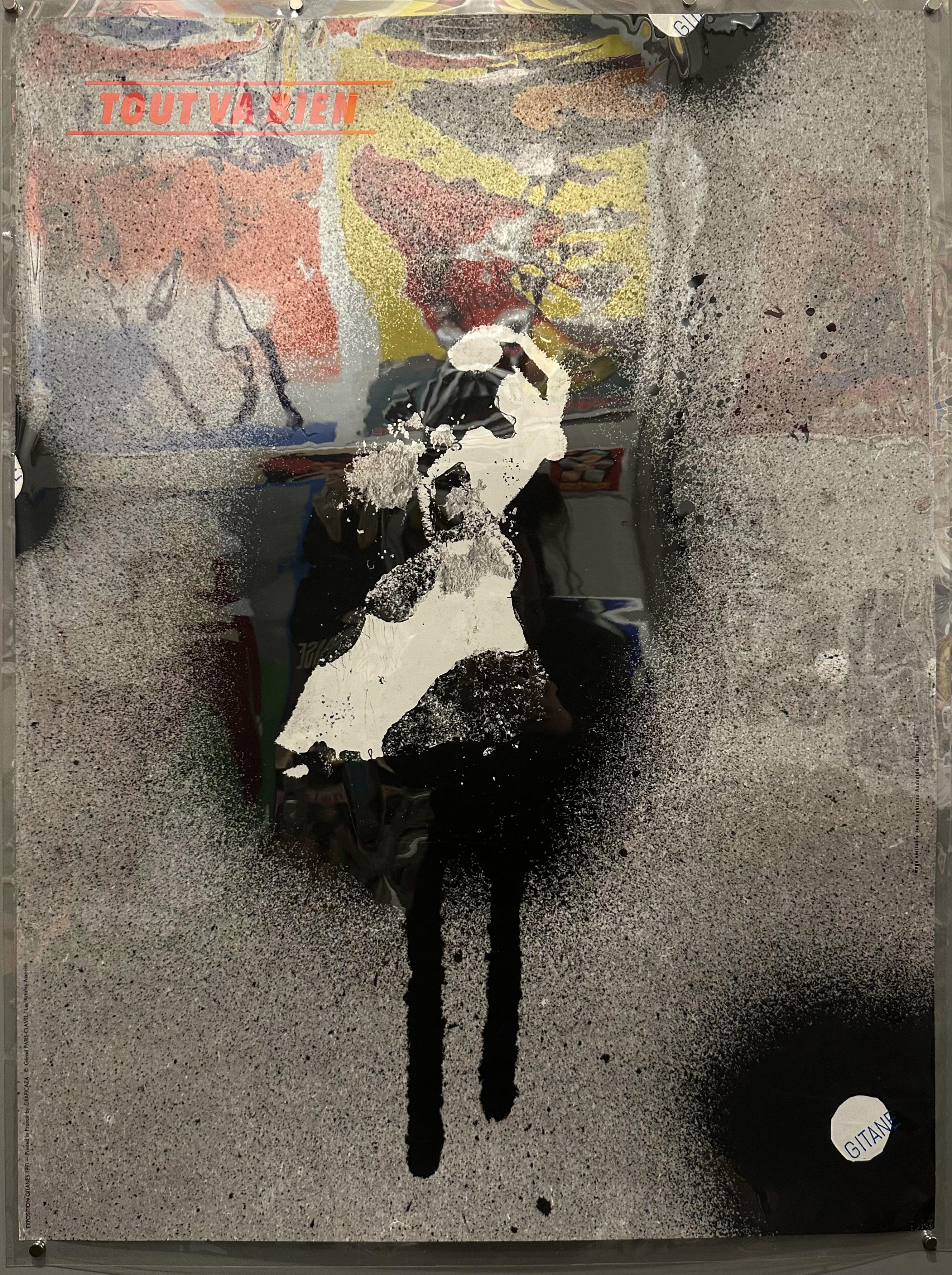 Black and white graphic design for Exposition Gitanes, with orange text in top left-hand corner.