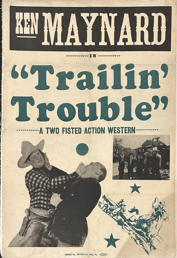 Features a prominent image of Ken Maynard in a cowboy hat and attire, engaged in a physical struggle with another man, alongside smaller scenes depicting other elements of the film