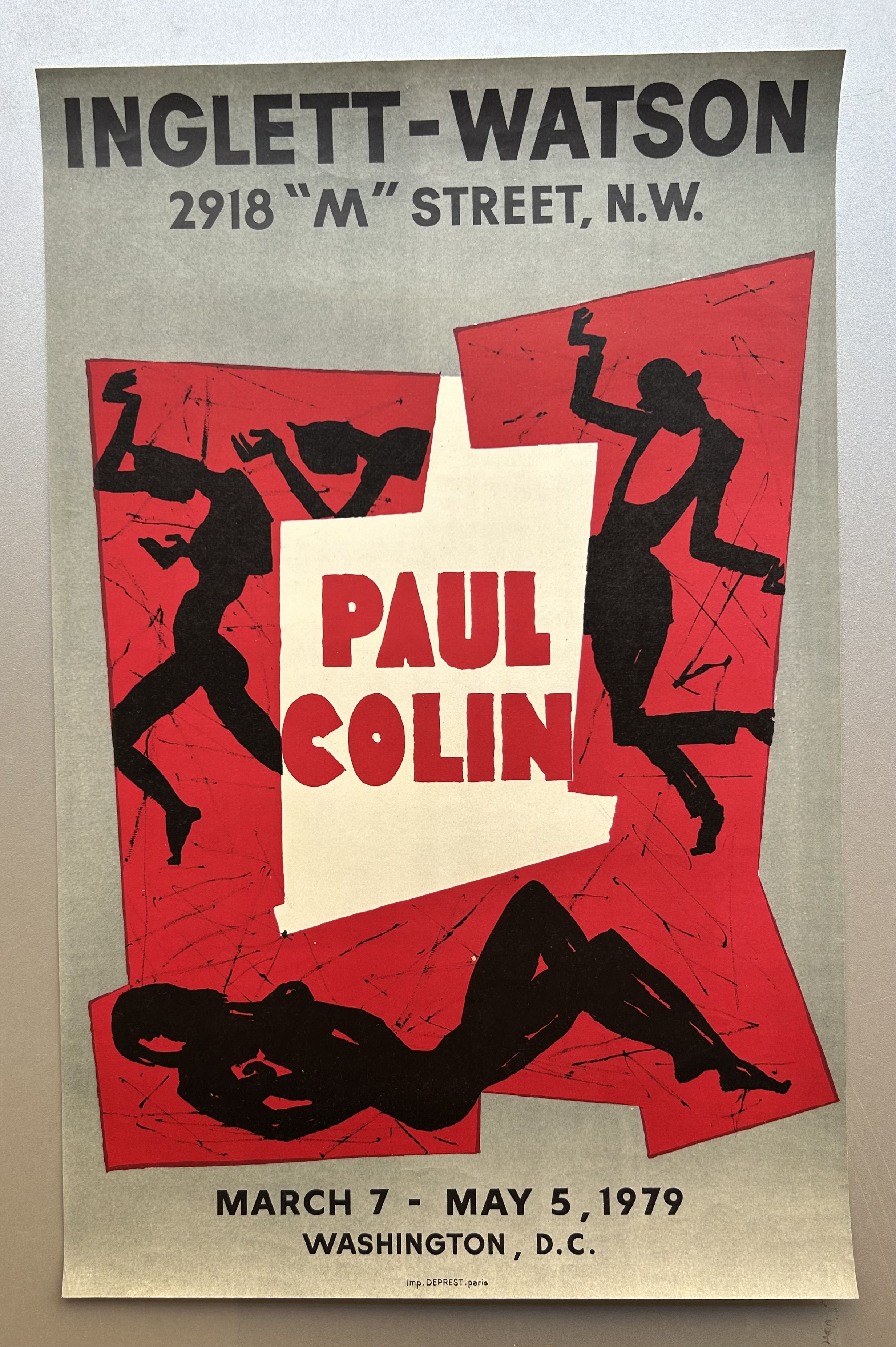 Poster for Paul Colin exhibition featuring black silhouettes of cabaret dancers against red background.