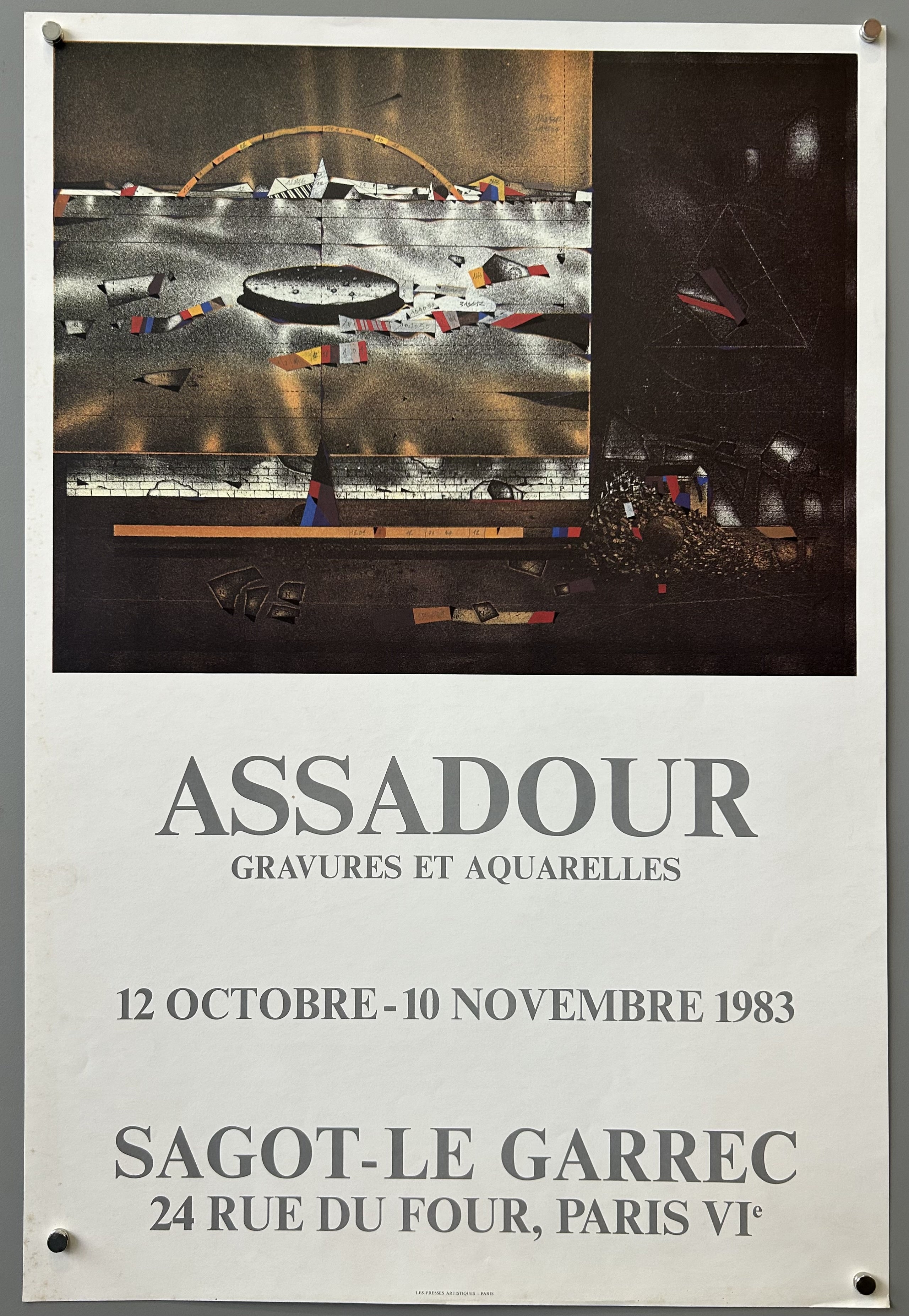 poster for an art exhibition featuring the works of the artist Assadour Bezdikian. The poster is promoting an exhibition of his "gravures et aquarelles" (engravings and watercolors) that took place from October 12 to November 10, 1983, at the Sagot-Le Garrec gallery located at 24 Rue du Four in Paris.