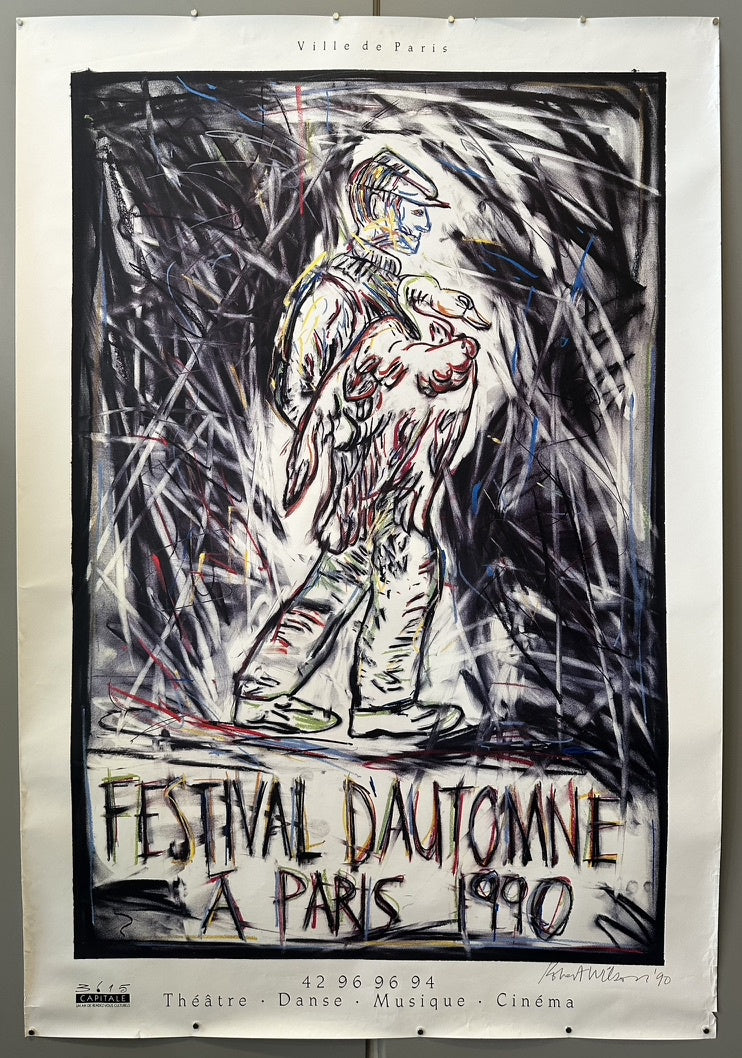 The poster features a distinctive illustration by Wilson and lists the various artistic disciplines covered by the festival: Théâtre (Theater), Danse (Dance), Musique (Music), and Cinéma (Cinema)