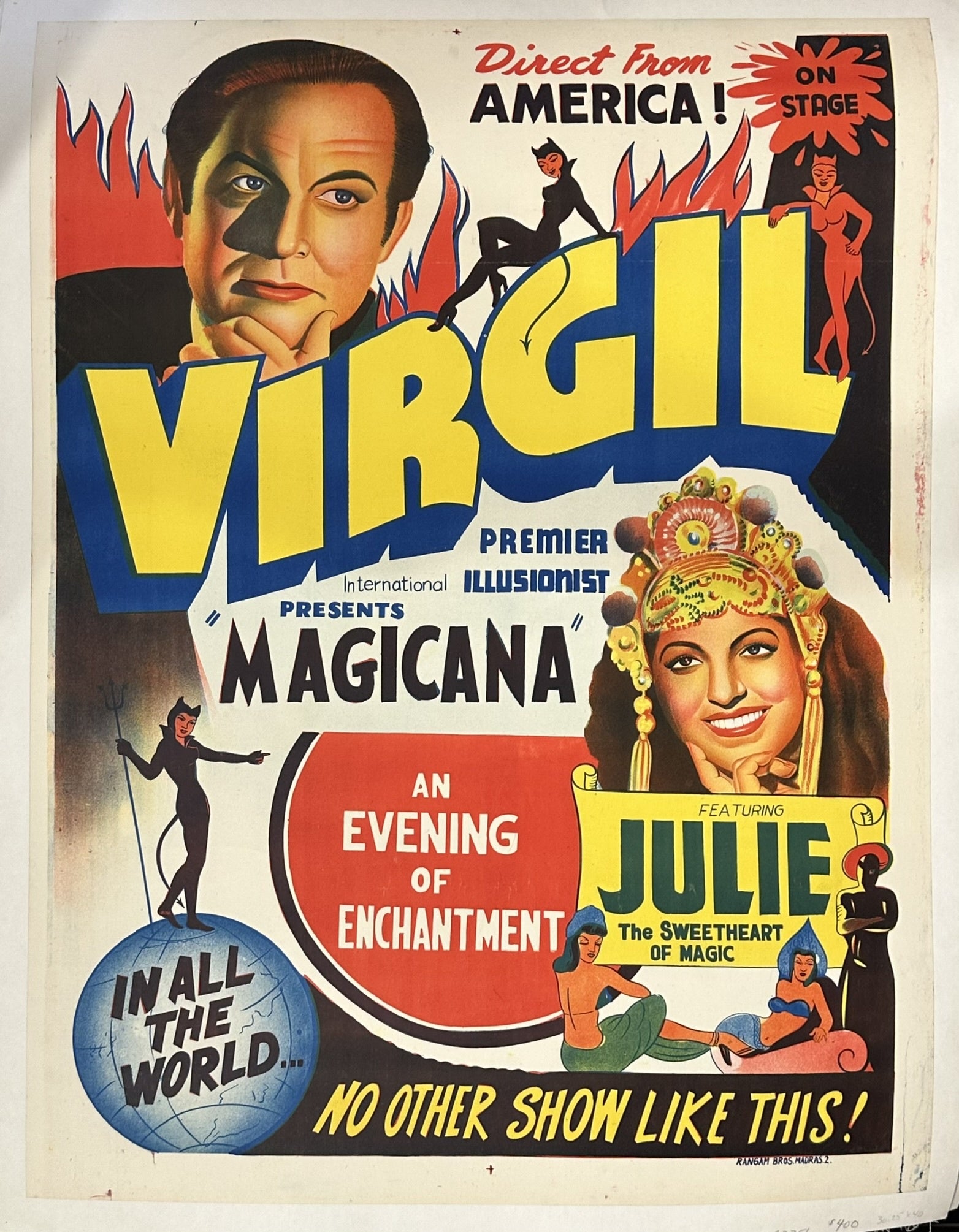 This vintage magic poster promotes "Virgil Premier Illusionist International Presents 'Magicana'" and features both Virgil and Julie, "The Sweetheart of Magic". The poster was printed by Rangam Bros. in Madras.