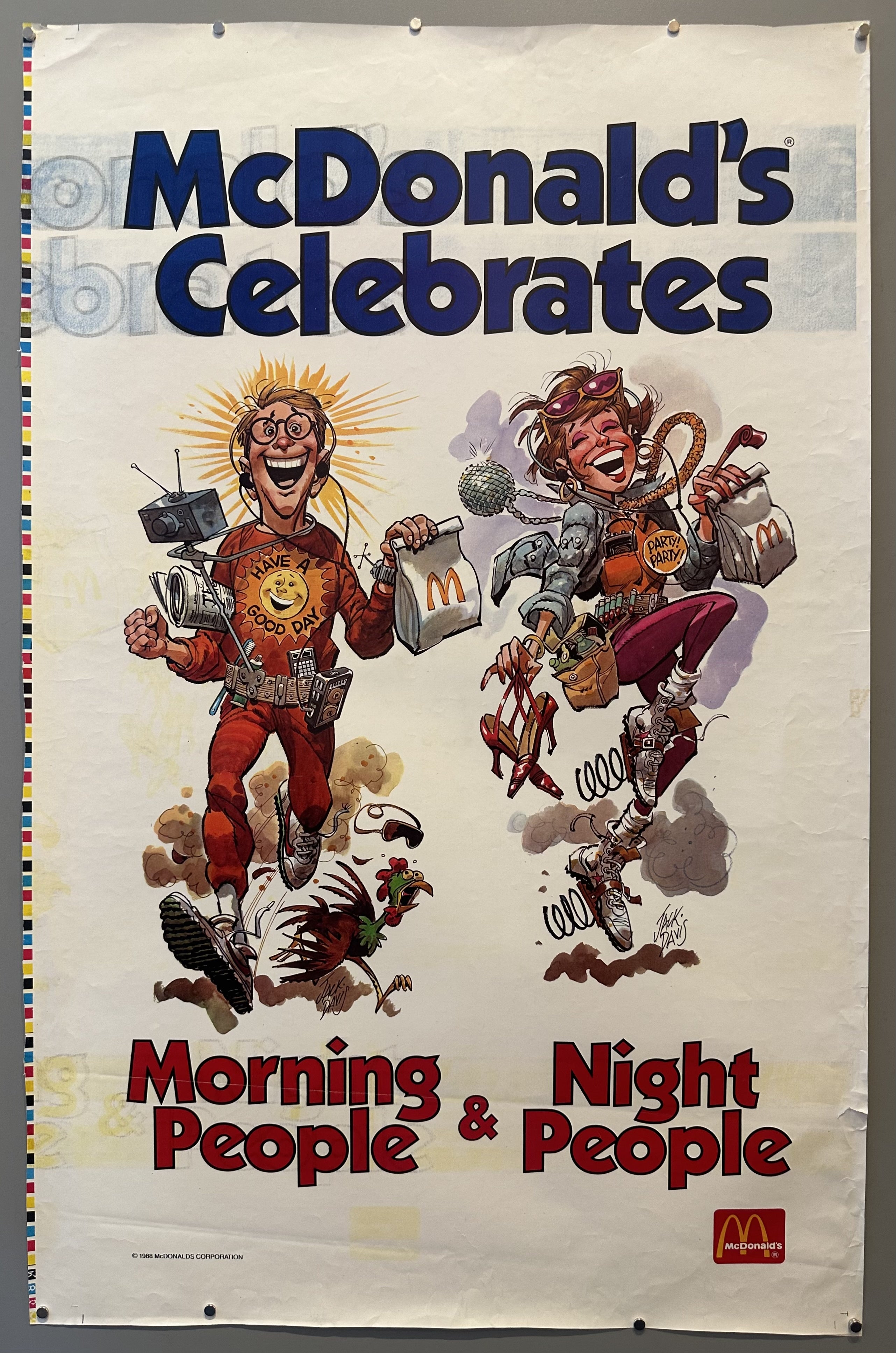 Artistic rendition of a morning person and an evening person, both enjoying McDonald's food in vintage advertisement.