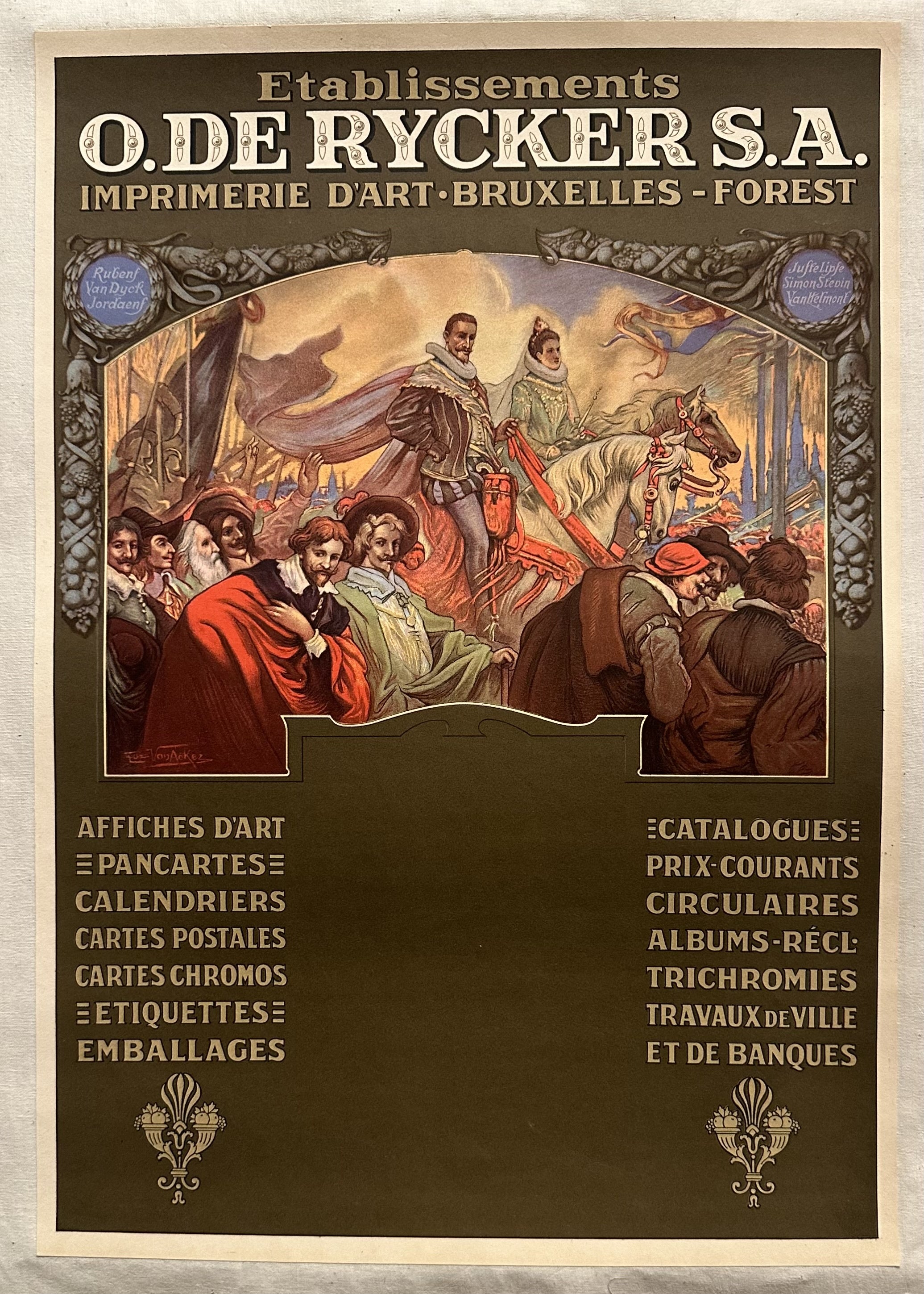French language poster with two people riding on horses with an ornate border and text below them advertising the printing house services.
