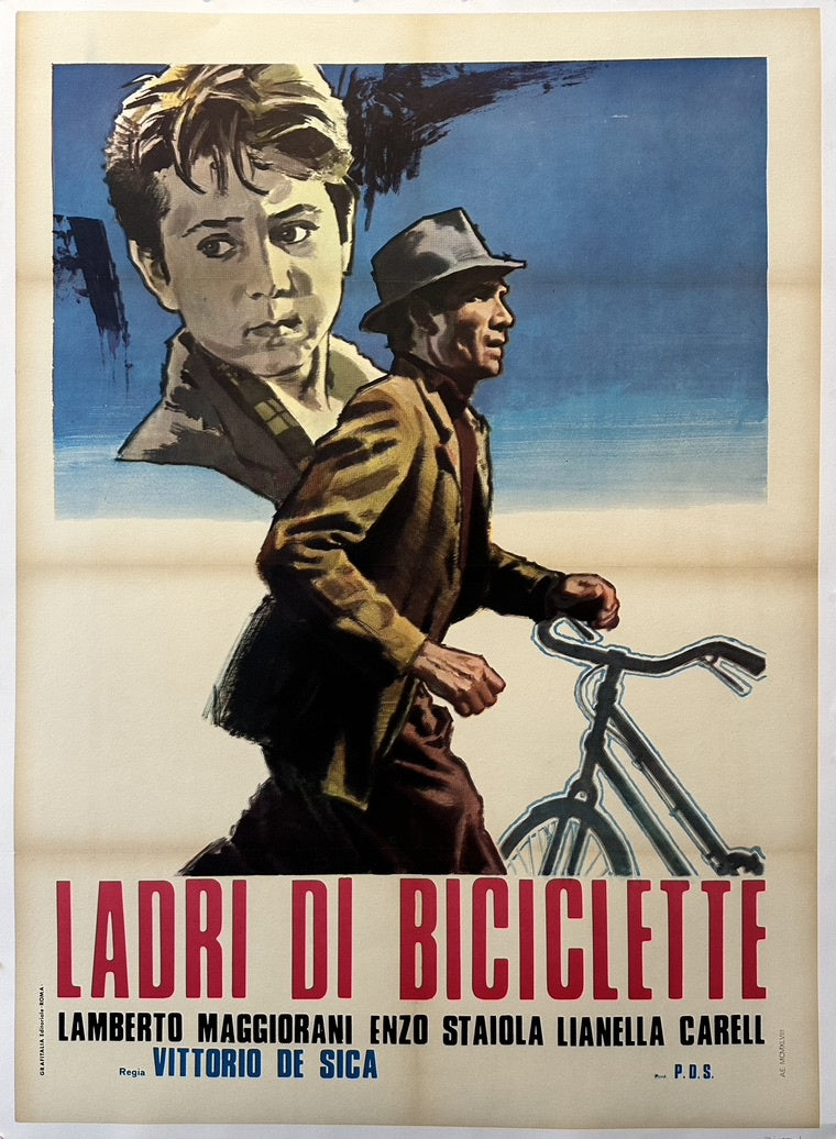 Italian movie poster for "Ladri di biciclette" (The Bicycle Thief) featuring a man running with a bicycle and a young boy's face in the background.