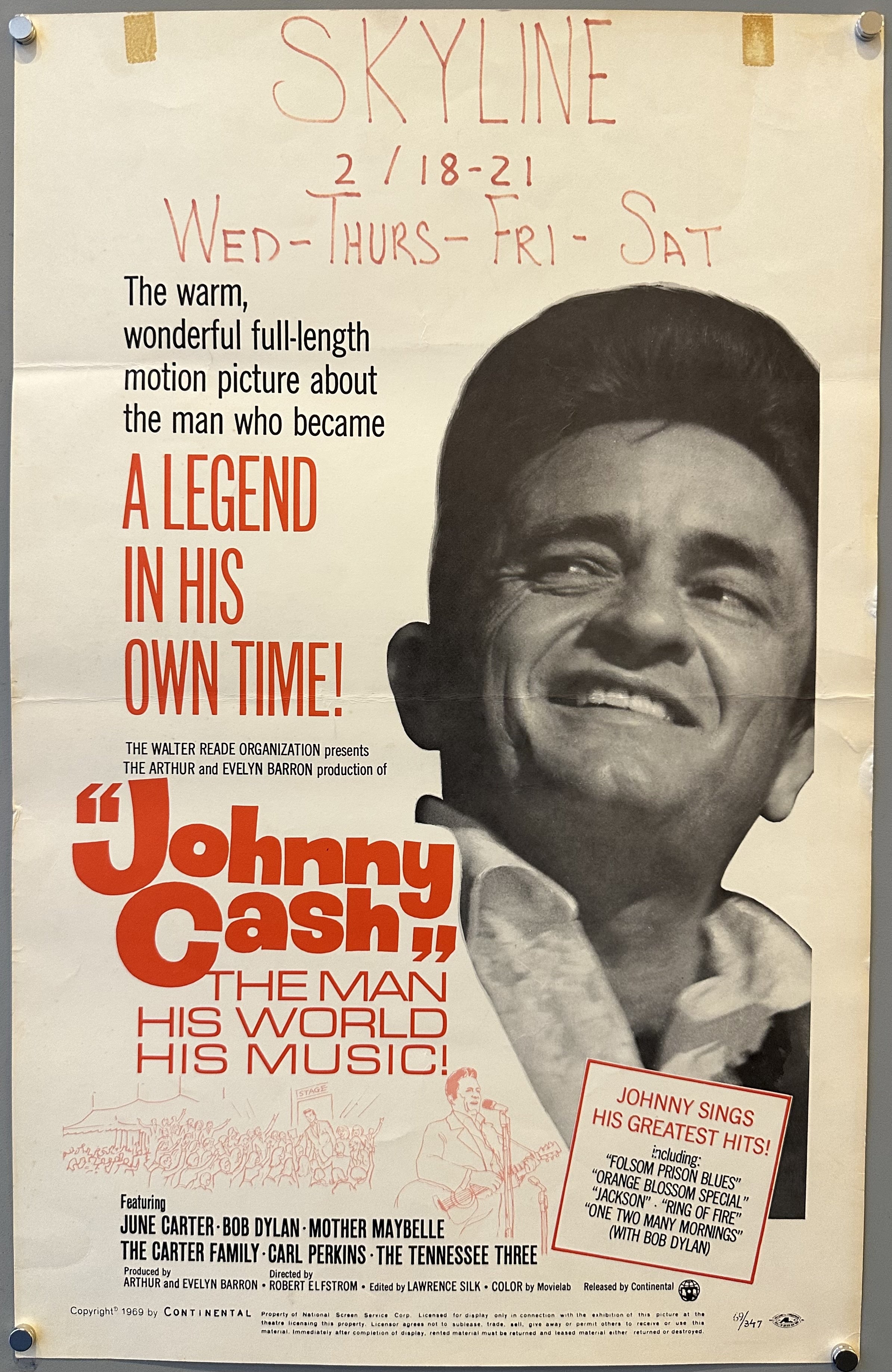 Black and white portrait of Johnny Cash with red text next to him announcing a showing of his documentary.