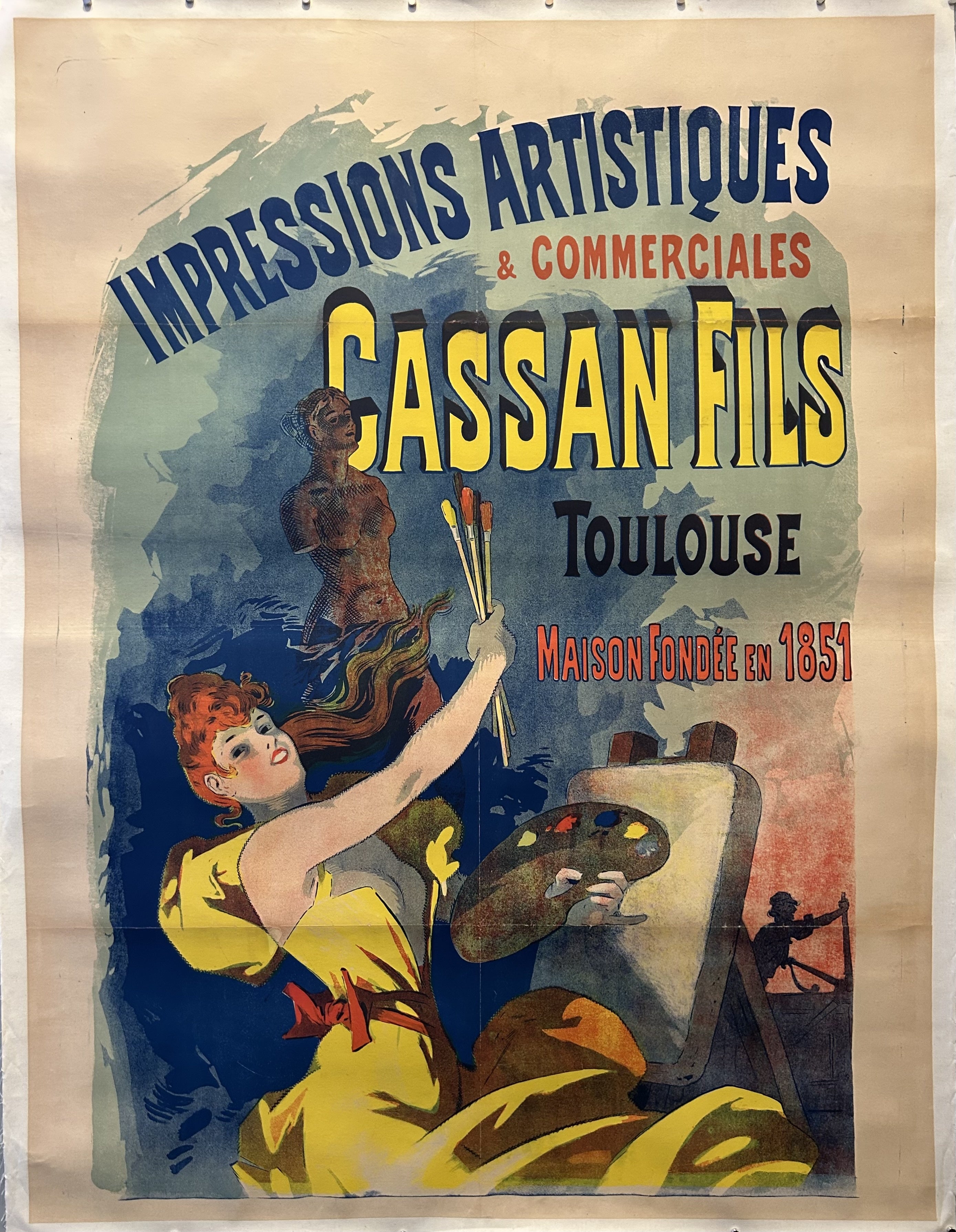 A vintage poster for "Impressions Artistiques & Commerciales Cassan Fils Toulouse" featuring a woman in a yellow dress painting on an easel. All the text is in French.