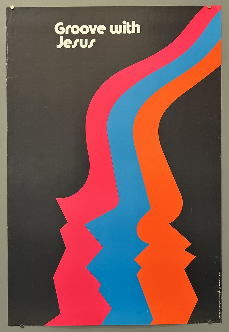 Visually depicts three stylized, wavy profiles in vibrant pink, blue, and orange on a black background.