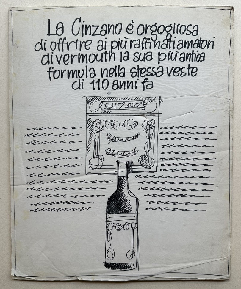 The ad features a stylized, hand-drawn illustration of a bottle of Cinzano vermouth, with a radio or speaker above it. The drawing style is simple and somewhat messy, with scribbled lines and a handwritten feel.