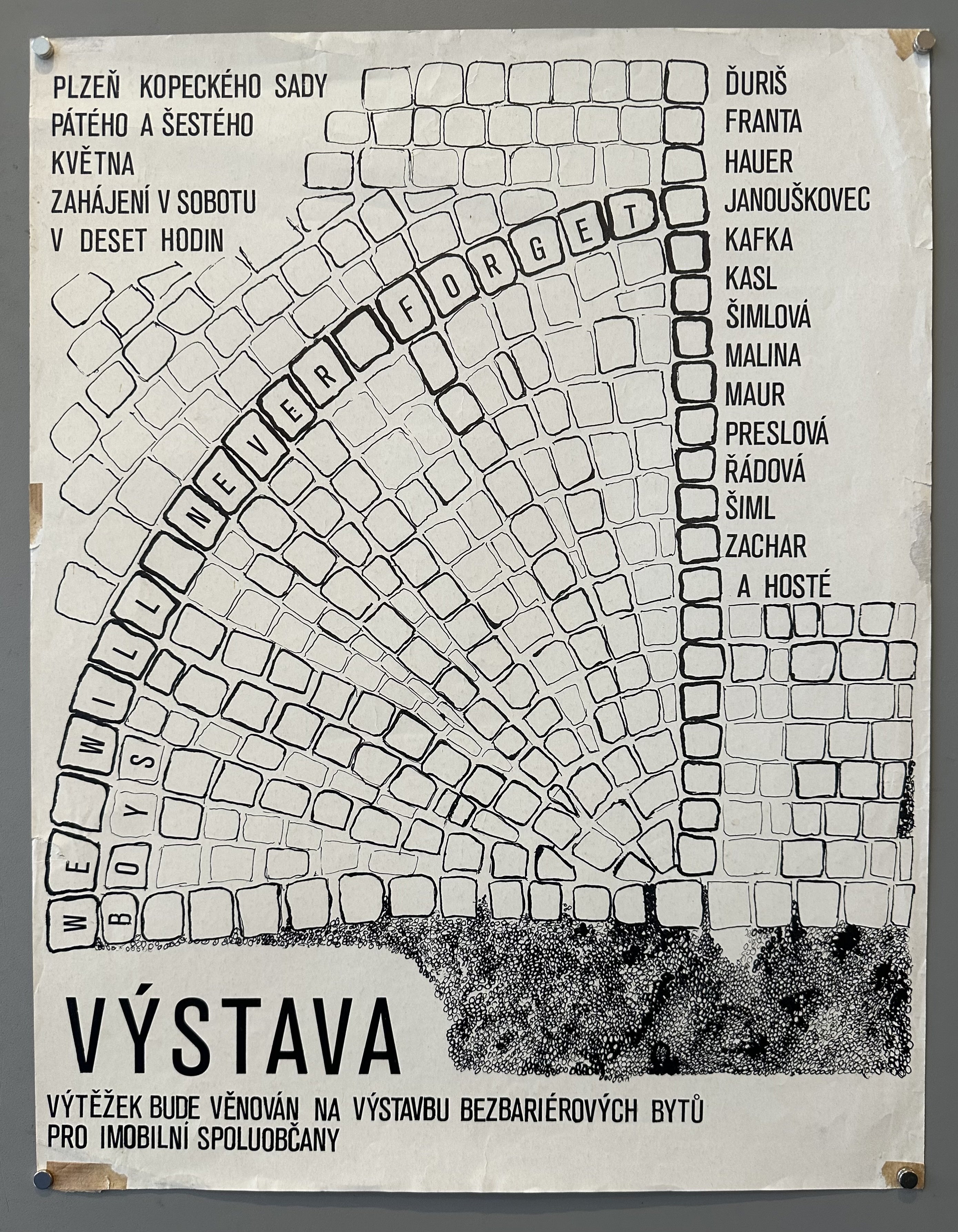 A poster advertising an exhibition ("VÝSTAVA") in Plzeň, Kopeckého Sady, on the fifth and sixth of May, starting Saturday at ten o'clock. The poster features a large, fan-shaped arrangement of empty squares resembling keyboard keys, with some keys spelling out "WE WILL NEVER FORGET BOYS" in a curved line.