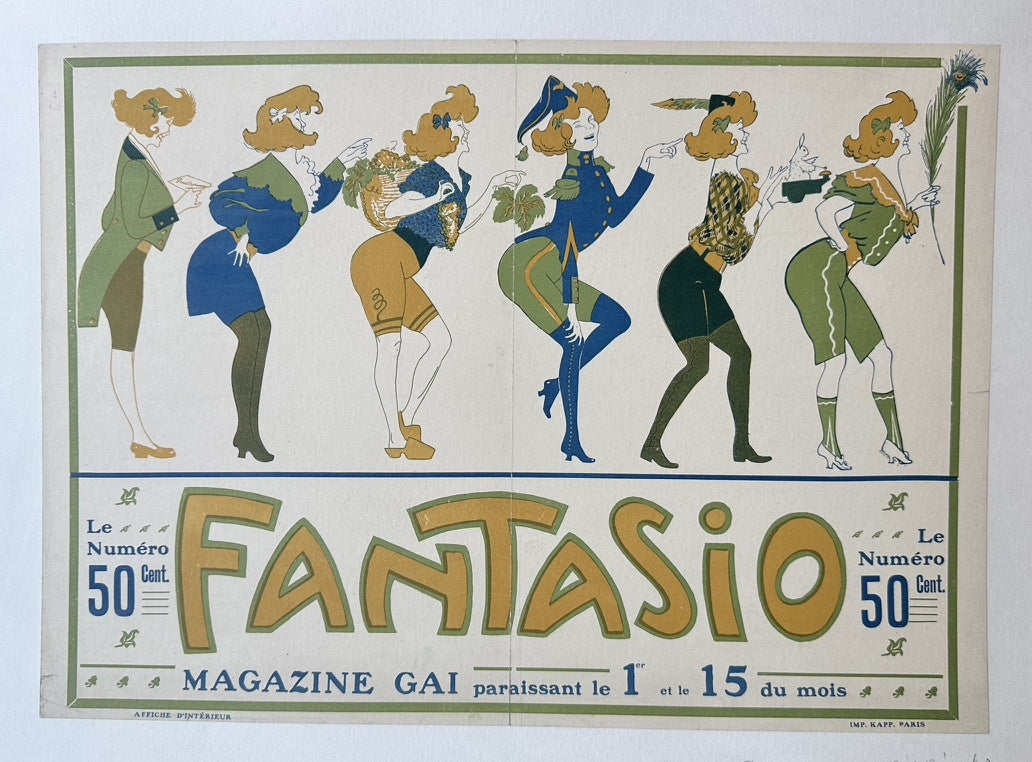 An Art Nouveau-style advertisement for Fantasio Magazine, featuring six stylized female figures in various poses and costumes above the magazine's title and publication details.