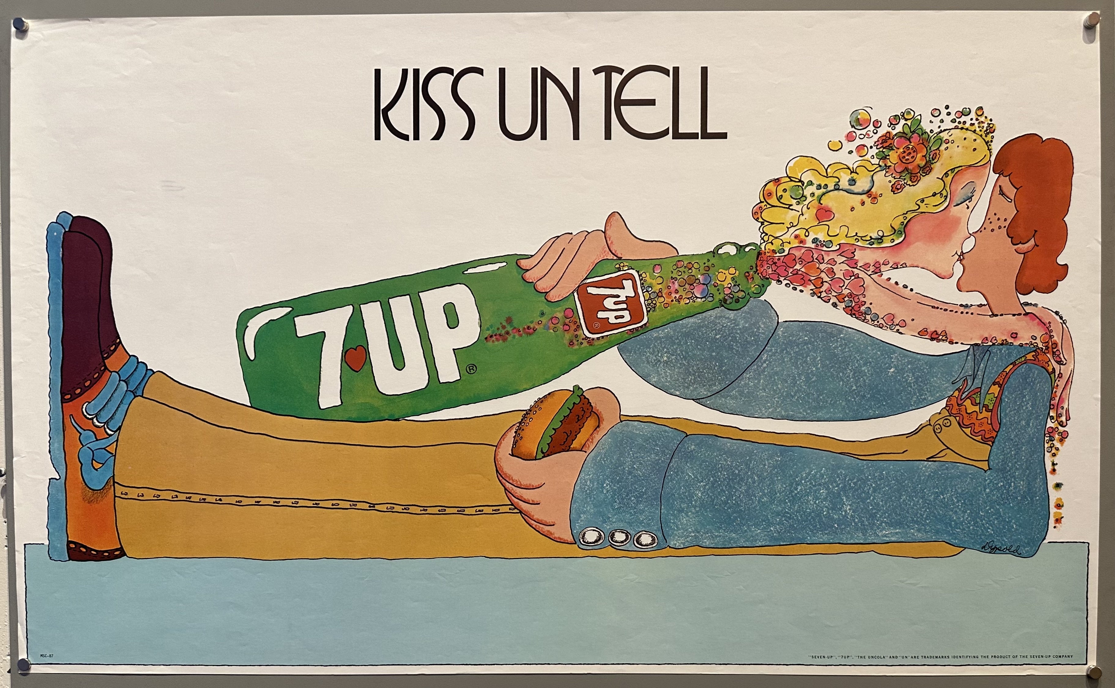 A man kisses a 7UP soda bottle that has transformed into a beautiful woman.