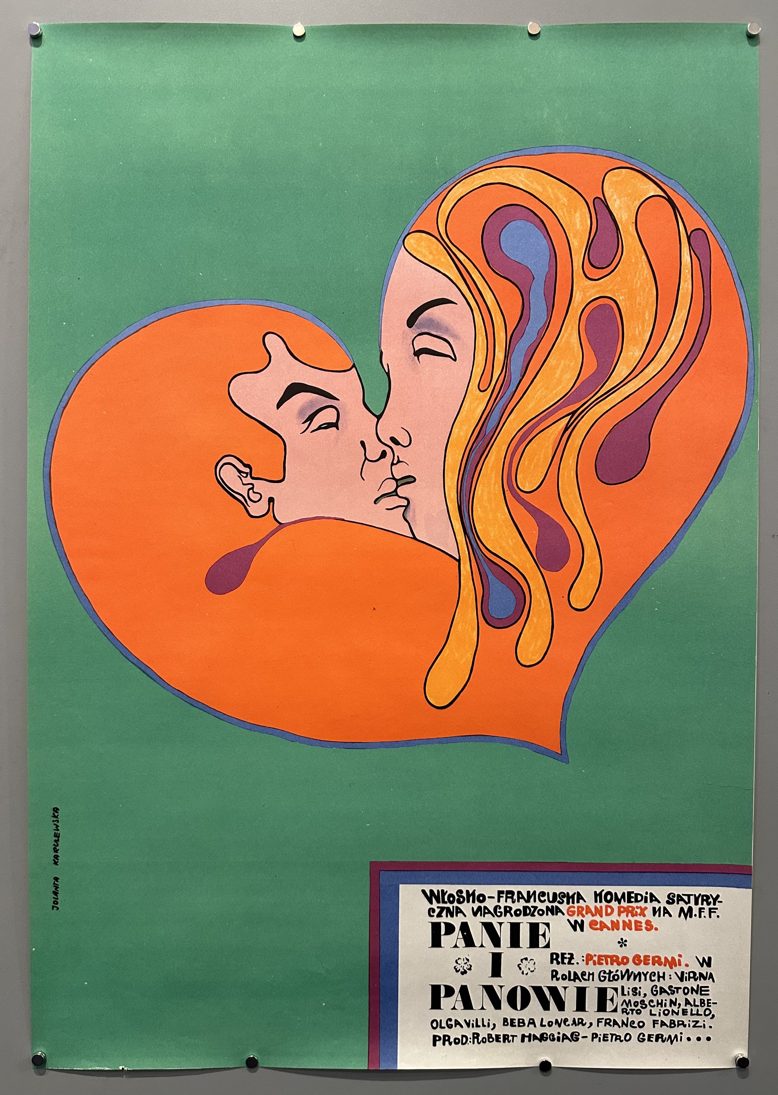 A vintage Polish movie poster from 1966 for the film "Panie i Panowie" ("Ladies and Gentlemen") in a psychedelic style. It features a heart shape filled with the silhouette of a couple kissing,