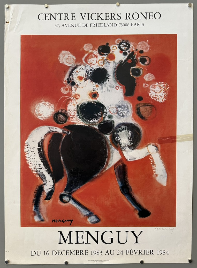 The poster features the name "Menguy," referring to Frédéric Menguy, a French painter and lithographer known for his colorful and abstract works, often depicting horses and other animals.