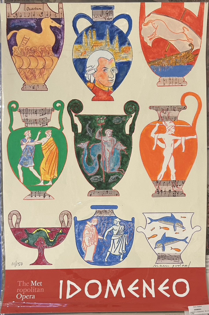 The poster features a series of decorated amphorae or urns, each depicting a scene or figure related to the opera or classical themes, including: