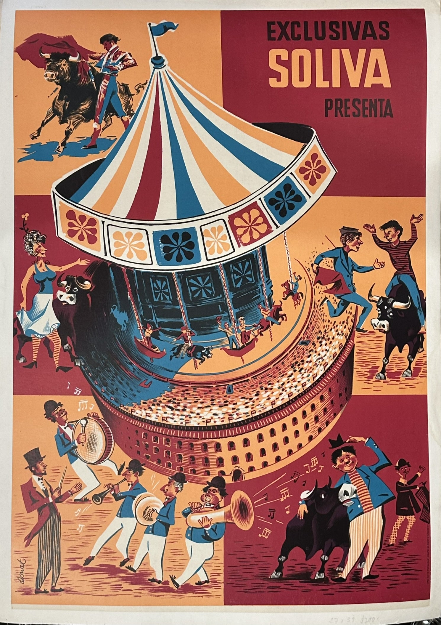 The poster featuring "EXCLUSIVAS SOLIVA" and a bullfighting scene with a carousel dates back to 1967.