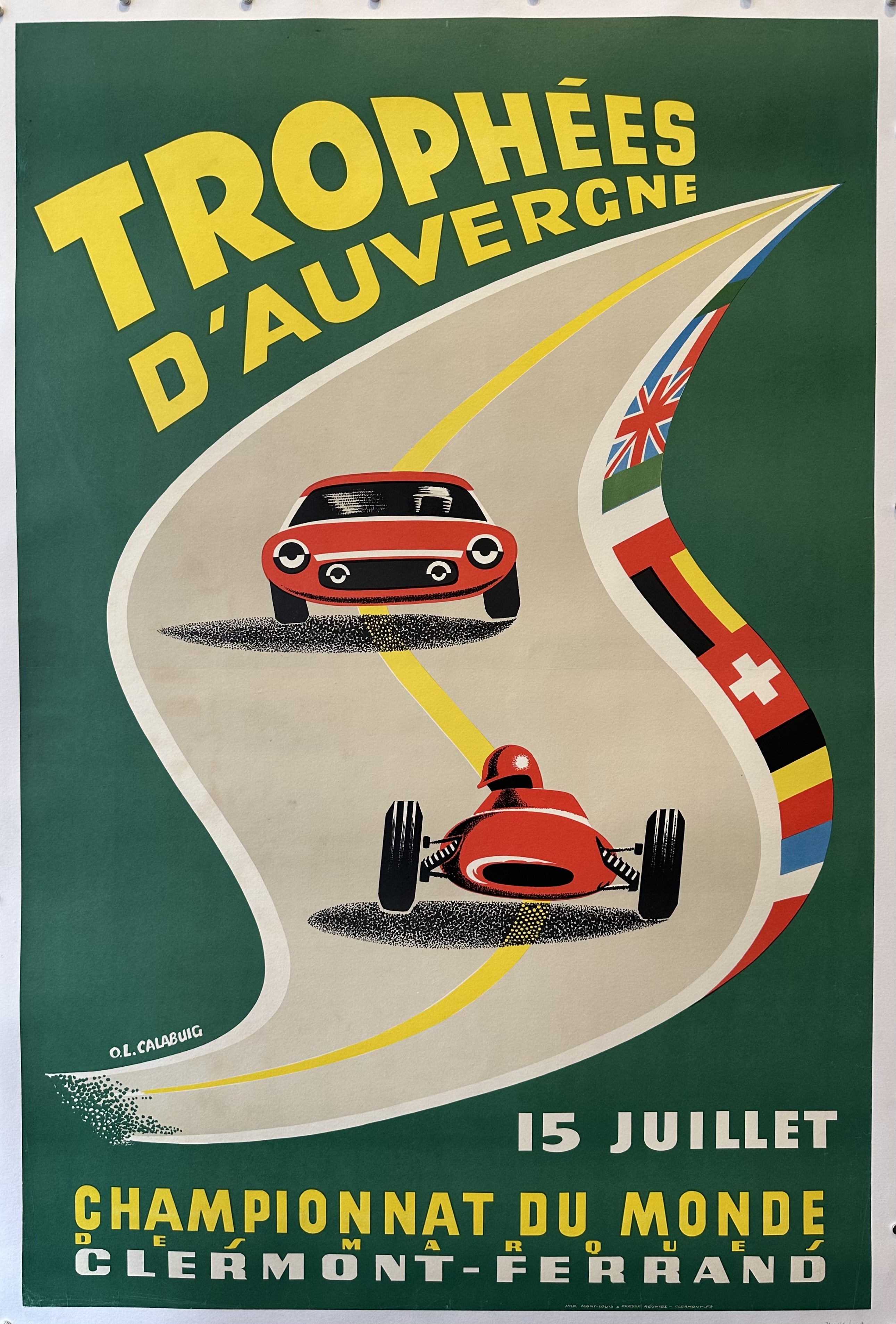 1962 Trophées d'Auvergne, featuring two red race cars on a winding track with European flagS