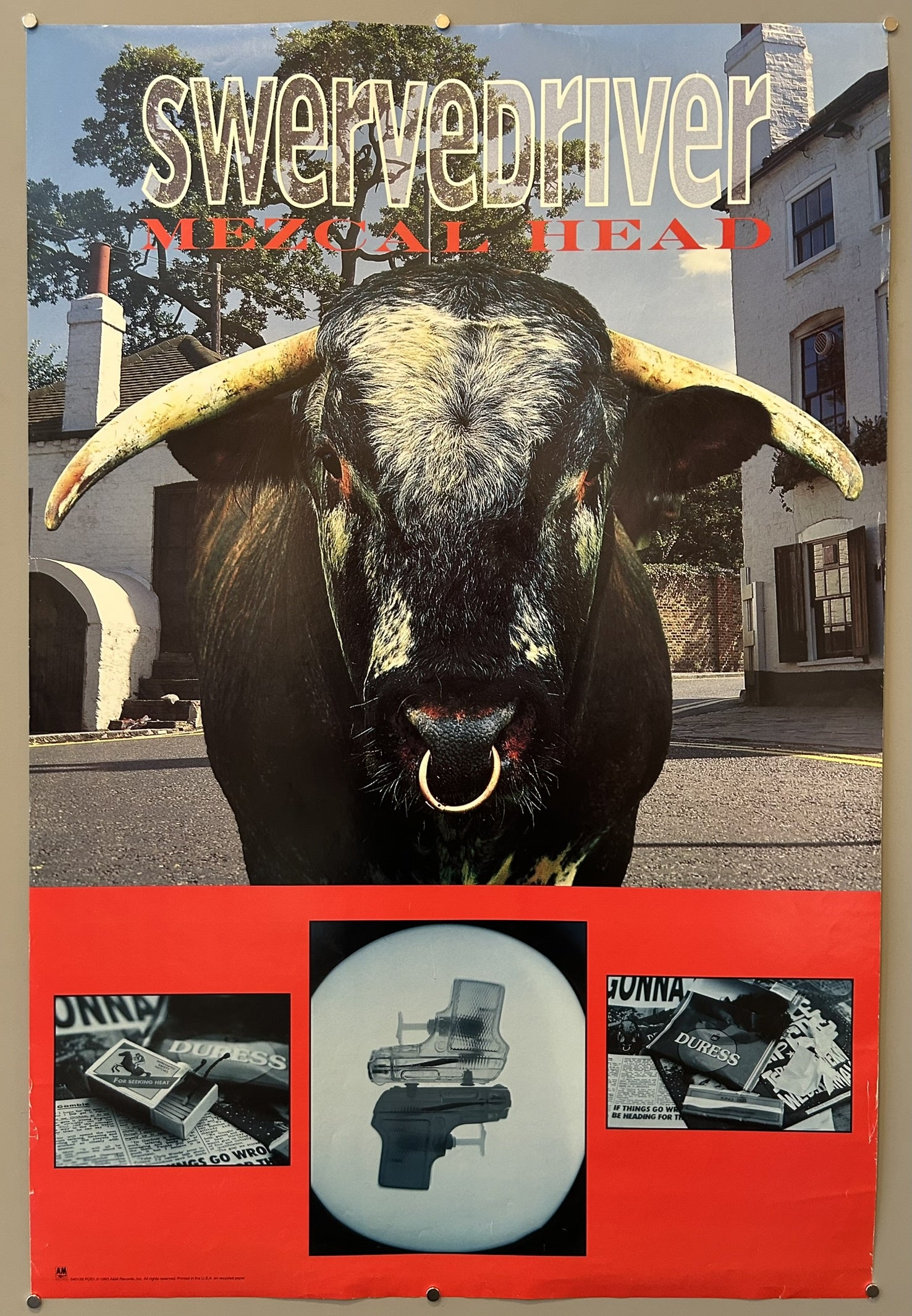 A poster for the Swervedriver album "Mezcal Head," featuring a close-up of a bull with a nose ring, set against a backdrop of white buildings. Below, three smaller square images are arranged horizontally: the left and right show album art or promotional material, while the center image displays a layered silhouette of a chair and a handgun.