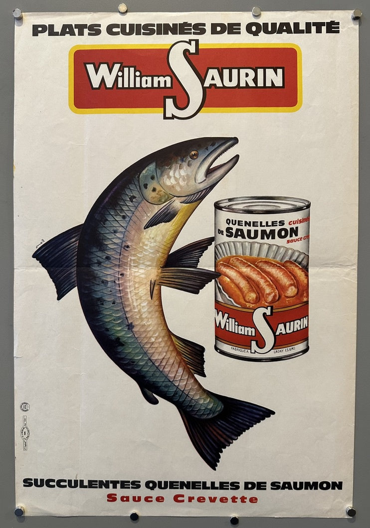 An advertising poster for William Saurin's "Succulentes Quenelles de Saumon Sauce Crevette" (Succulent Salmon Quenelles with Shrimp Sauce). The poster features a large, detailed illustration of a salmon swimming alongside a can of William Saurin quenelles, labeled "QUENELLES CUIS DE SAUMON Sauce Crevette."