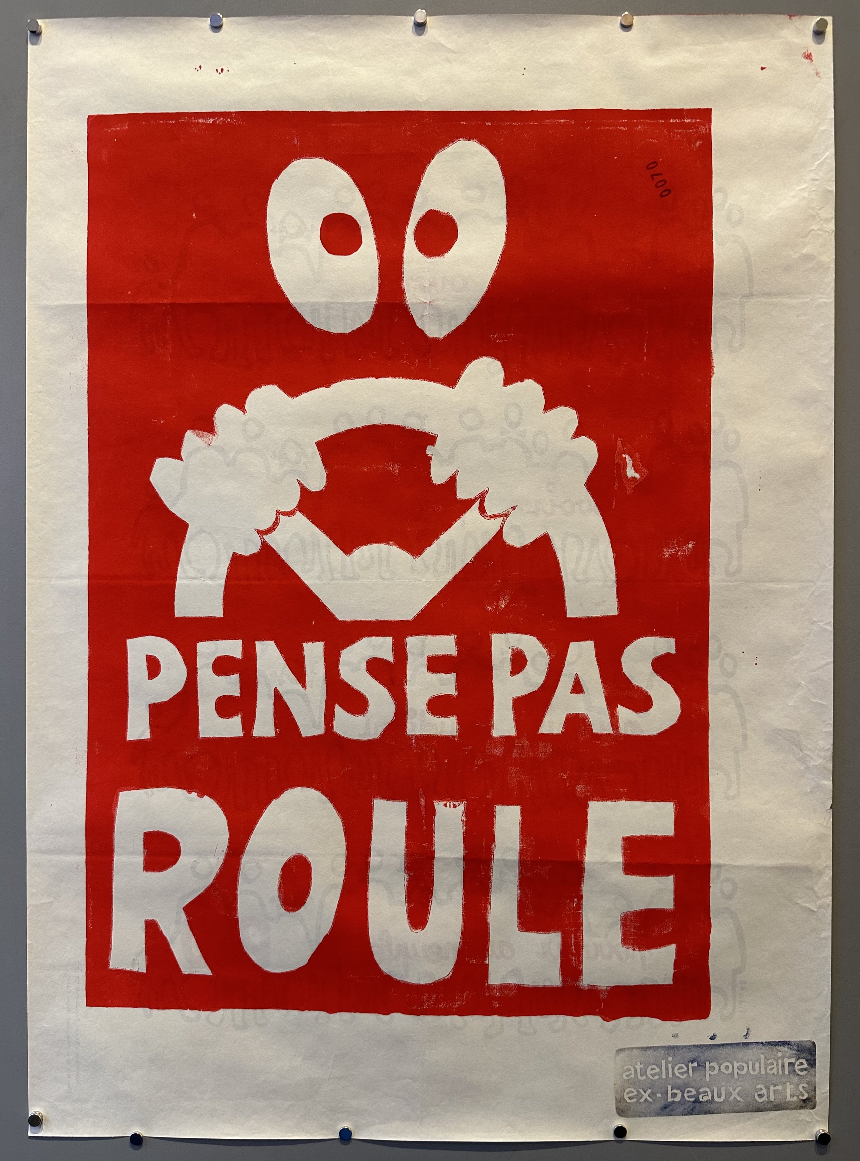 Double-sided poster with red designs on both sides promoting May 68 protests.