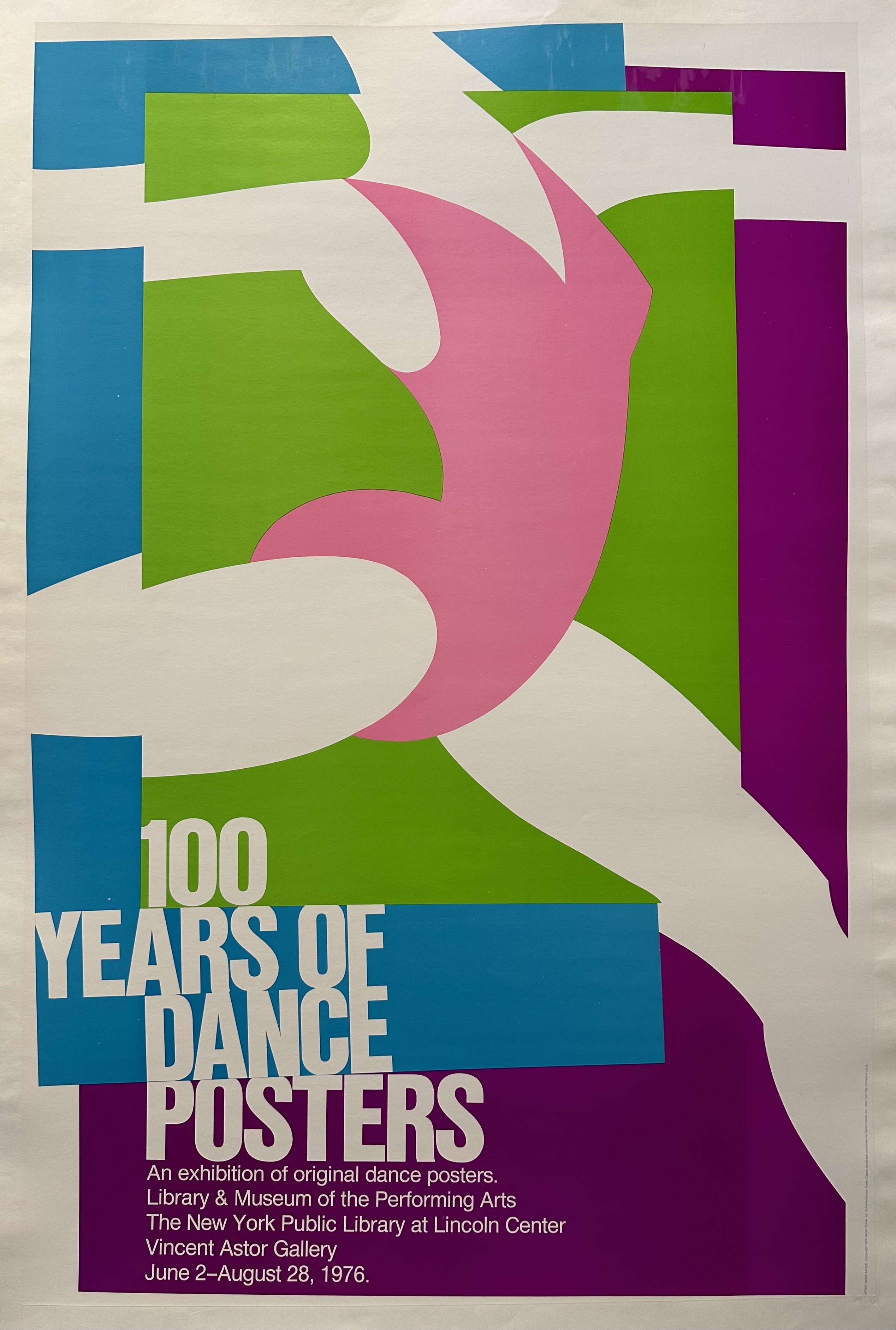 Exhibition at the Library & Museum of the Performing Arts, Lincoln Center,  from June 2 to August 28, 1976. It features a vibrant abstract design with a pink figure against a blue and green background.