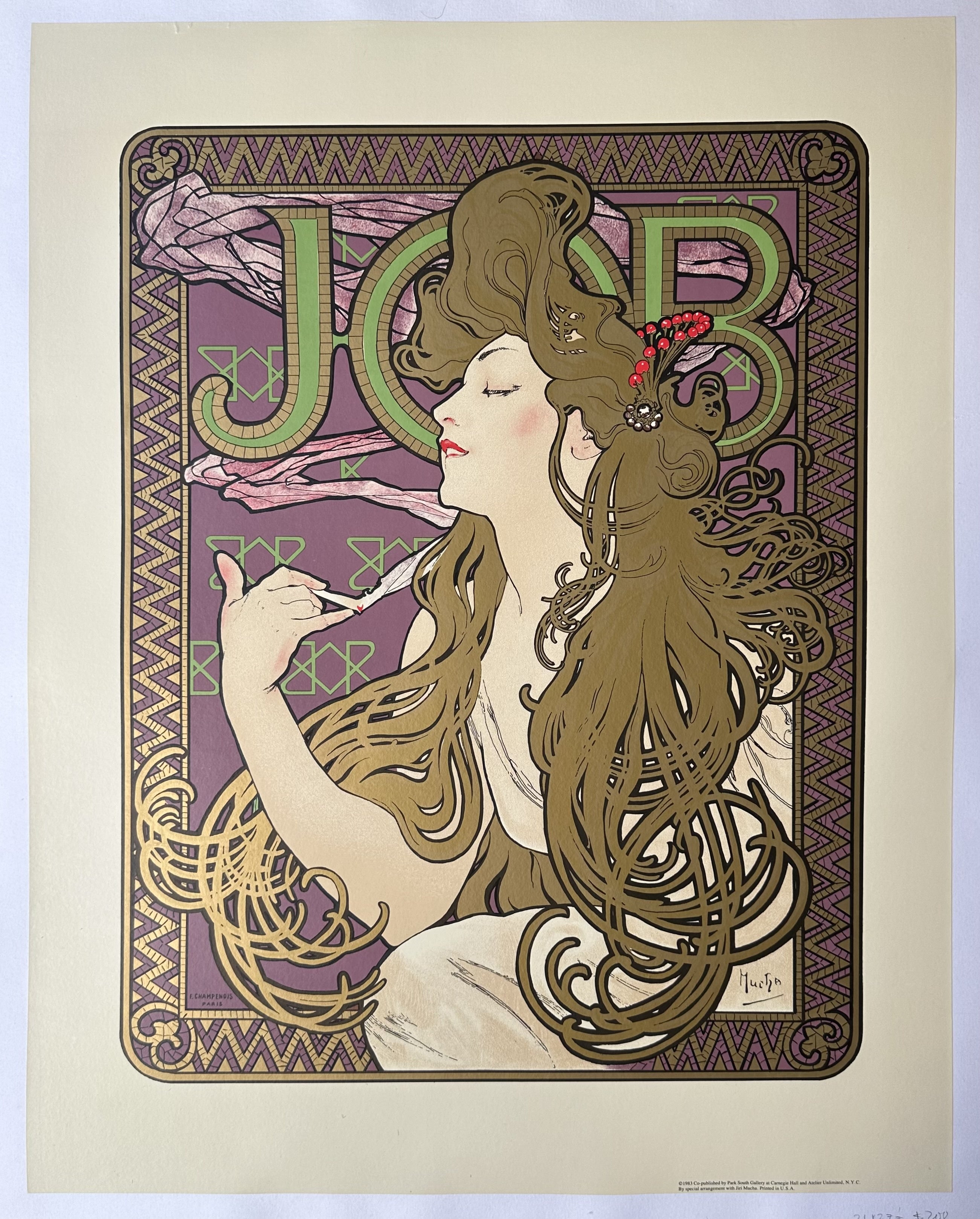 An image of the Job cigarette paper poster created by Alphonse Mucha in 1898. The poster showcases Mucha's signature Art Nouveau style and features a central female figure with long, flowing hair and delicate features, surrounded by decorative elements.