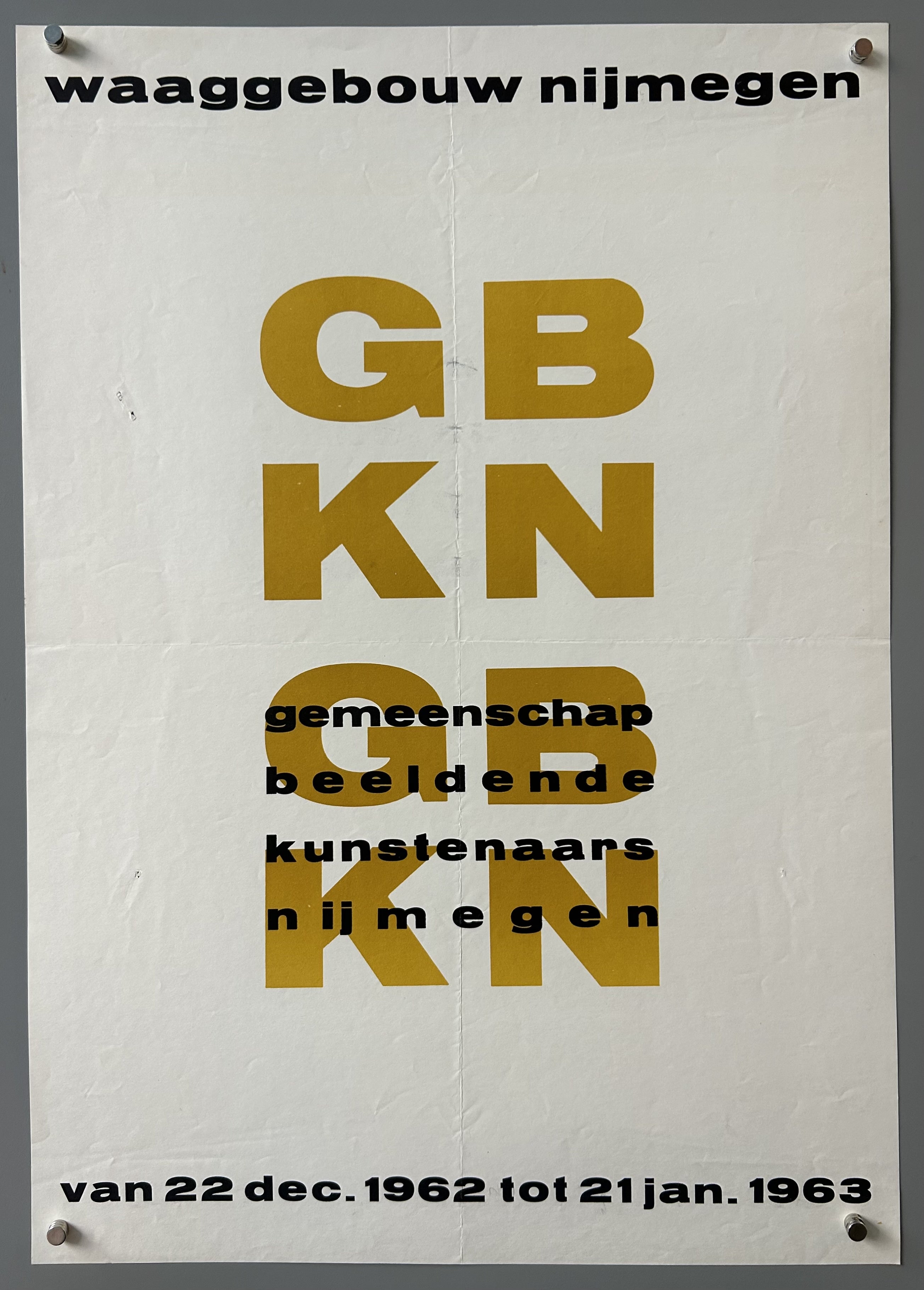 Poster with gold text to promote a weigh house in the Netherlands where a temporary art exhibition is taking place.