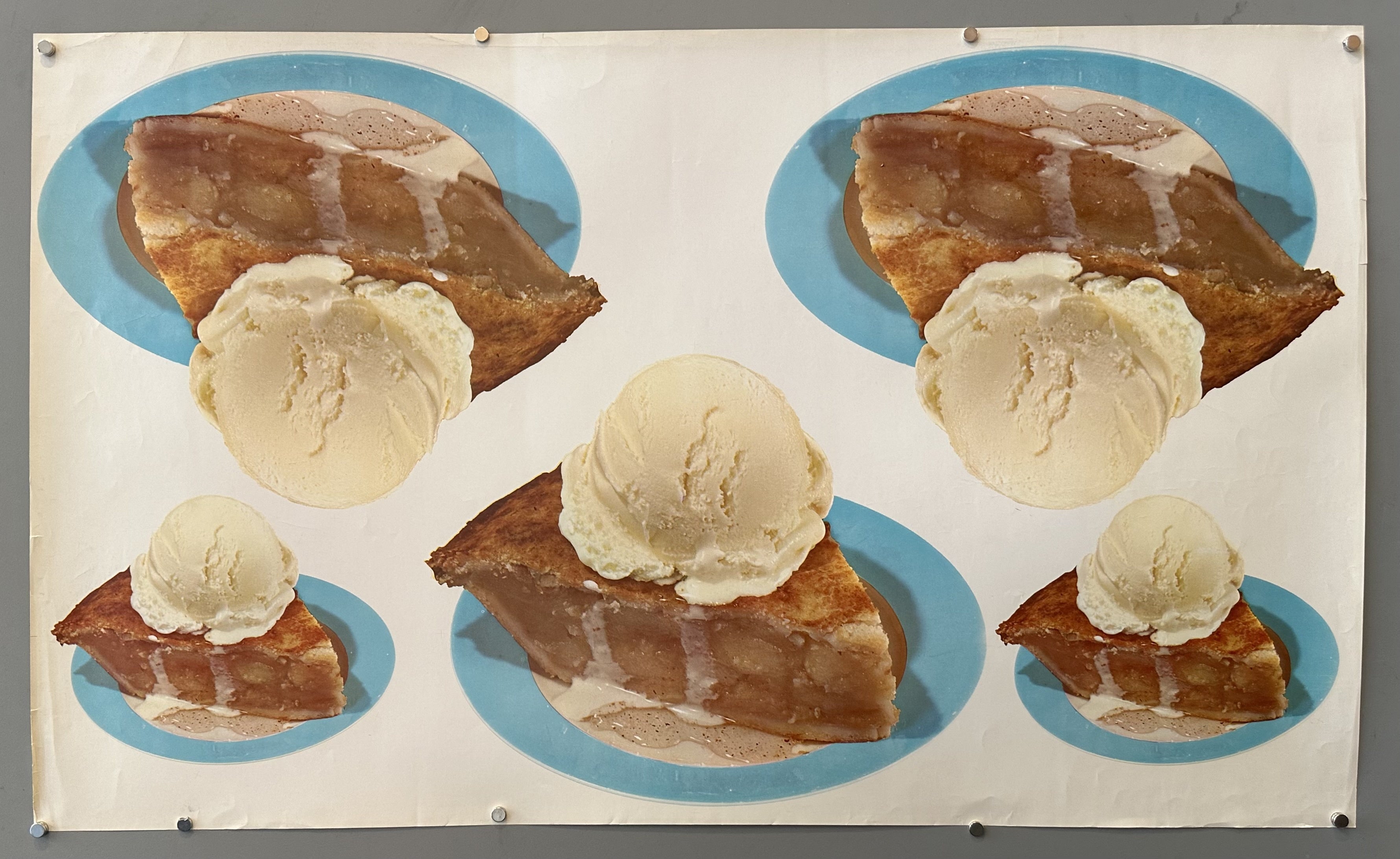 Plain white background with five slices of apple pie with vanilla ice cream.
