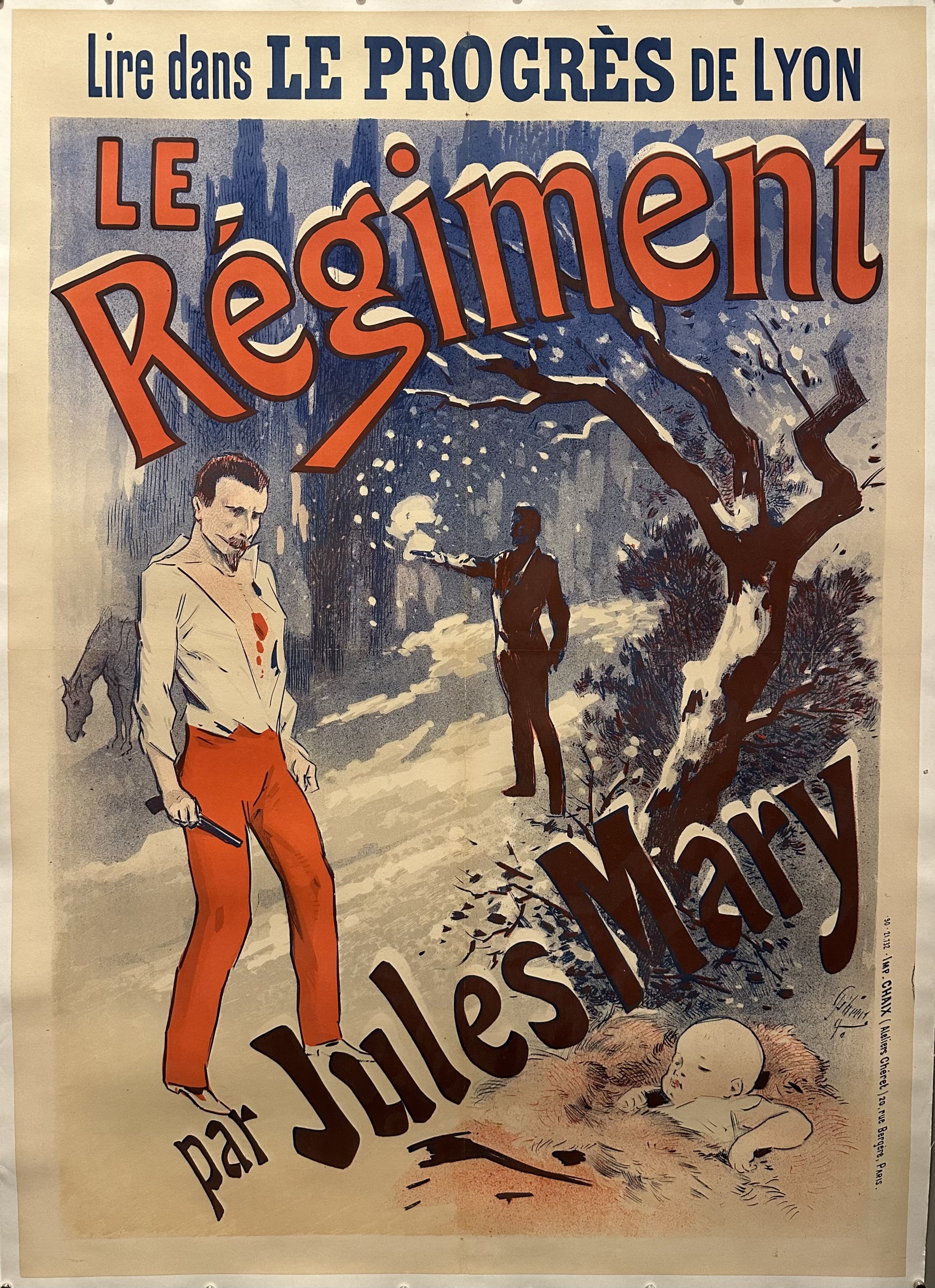 A man stands over a baby on a snowy evening in this advertisement for 'Le Régiment' by Jules Mary.