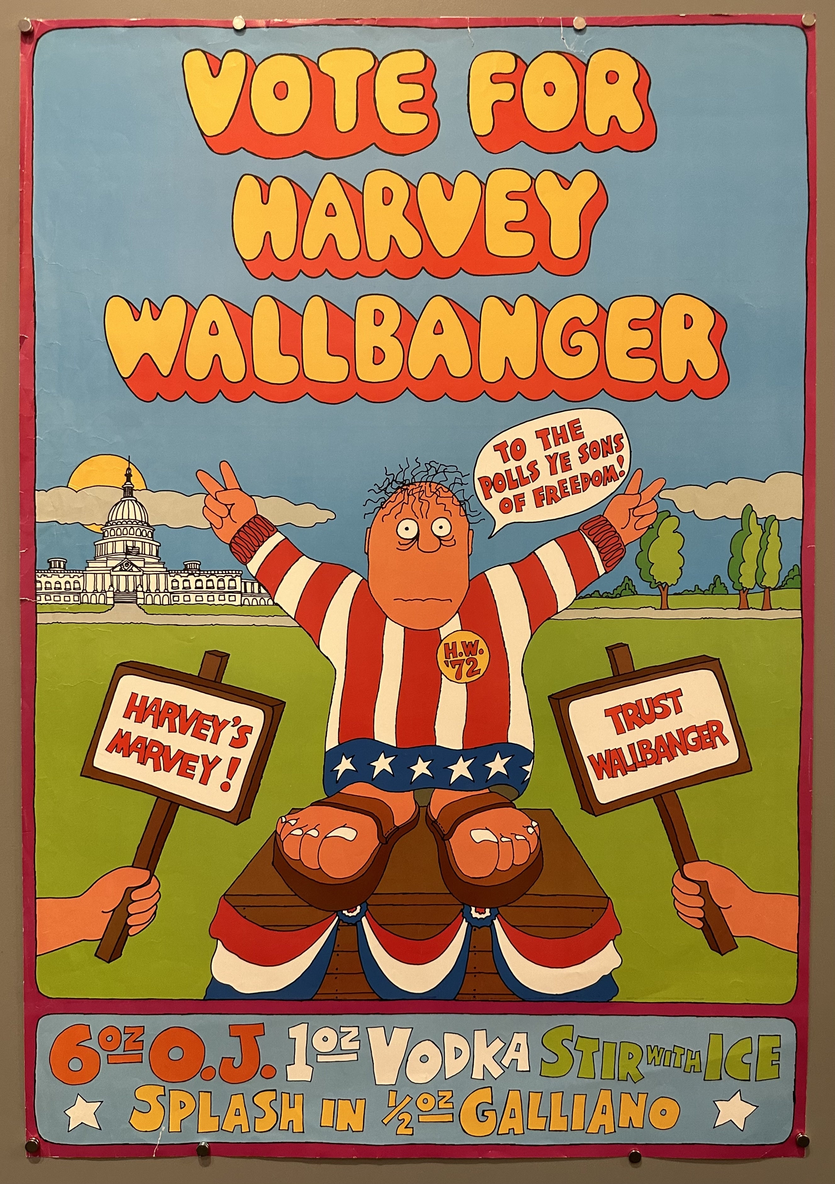 Cartoon of a man with peace signs and flip flops with a recipe for a Harvey Wallbanger below.